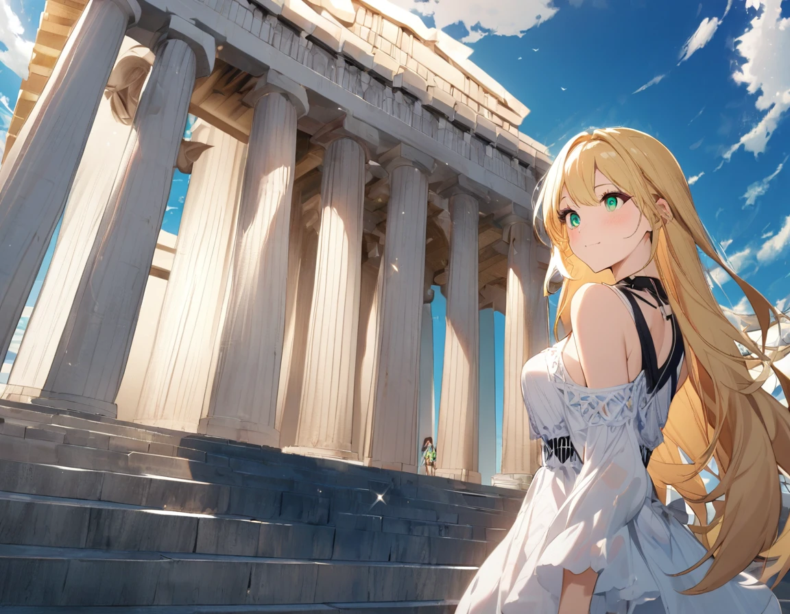 1girl,blonde hair,straight long hair,emeraldgreen eyes,medium breasts,traveler,sightseeing,Parthenon