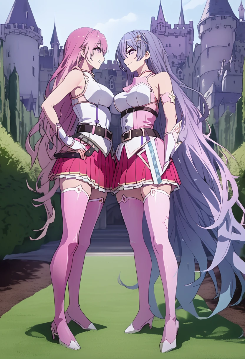 great quality ++ Extremely detailed high resolutionolution, very aesthetic, expressive eyes, (((perfect face))), (((face symmetrical))), ((good anatomy)), (((perfect hands))), (((8k))), UHD, HD wallpaper, (((detailed high cal, (((((1girl)))))), only, masterpiece, La Best Quality, high resolution, Highly detailed, (illustration), beautiful detailed eyes, (((combatant))), ((((full body)))), (((((Miku Izayoi))))), ((((((((purple hair)))))))), ((((((((purple eyes)))))))), (((rvcm_duotone3_haiRstyle))), (((agglutination))), Combination, ((( female))), (((bangs))), (((blunt bangs))), (((hime cut))), (((hair ornament))), (((Idol))), (((Concert))), (((dome))), (((dancing))), (((Singing))), (((((((star-shaped pupils))))))), ((((purpler hair)))), (((purple eyes))), (((pink dress))), (((Sleeveless Dress))), (((pink gloves))), (((pink thighhighs))), (((belt))), (((narrow shoulders))), (((narrow waist))), (((They are smiling))), Long hair, huge, garden of a castle, (((maturee))), masterpiece, Best Quality, ((masterpiece)), ((best calidra derailed)), Upper part of the body, (((face to face look))),