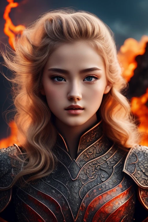 Very delicate and beautiful, wonderful, In detail, masterpiece, Very detailed, High resolution,Best illustrations, Best Shadow,Complex,Sharp focus, high quality, 1 male, , Blonde.、Red eyes,、Bust Top、Wearing black armor、night、volcano、Lava erupts、