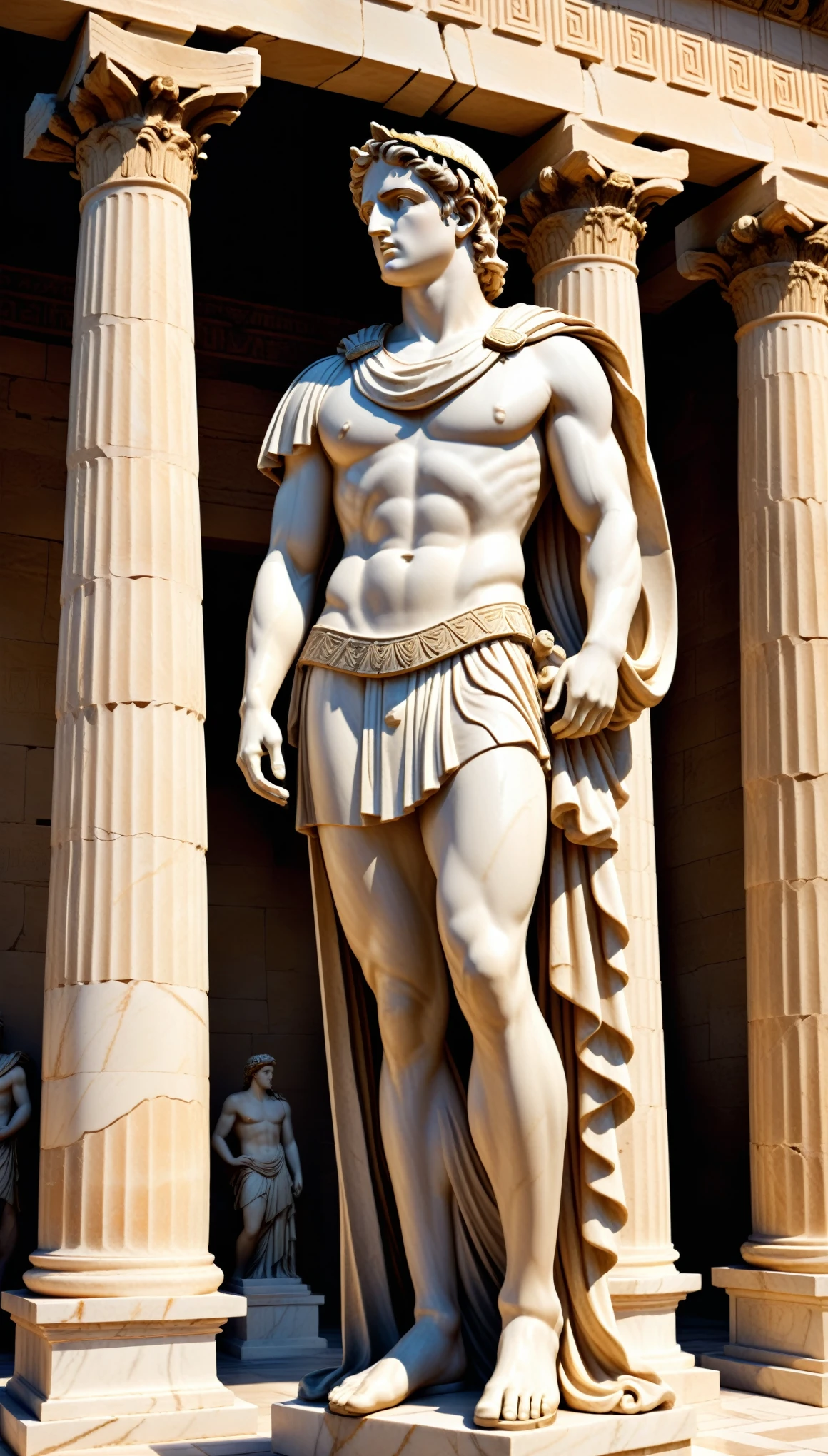 Masterpiece, Best Quality, Super Detailed, High Definition, HDR, Realistic, Fine Texture, Super Fine, Complete Concentration, Ancient Greek Art, marble statues, intricate details, classical architecture, Doric columns, Parthenon, ancient pottery, detailed patterns, mythological scenes, Greek gods, warriors in armor, togas, flowing robes, olive wreaths, Grecian urns, historical accuracy, dramatic poses, realistic lighting, depth of field, historical background, detailed textures, muted color palette, epic scale, professional, ultra-detailed, intricate designs, volumetric lighting, cinematic light, historical art, full body statues, ancient ruins, beautifully detailed backgrounds, vibrant yet realistic colors.