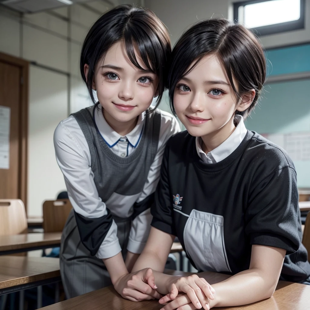 1boy femenine, my hero academia screencap, boku no hero academia, black hair, heterocromy, eye blue, eye brown, smilling, short ponytail hair, cute, wearing my hero academia uniform , in a classroom