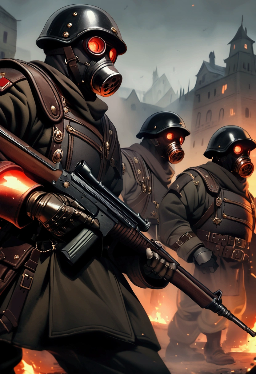 Dark steampunk soldier, dark fantasy, holding a rifle, gasmask with red glowing eyes, armor,helmet, intimidating, executing villagers, german ww2 style