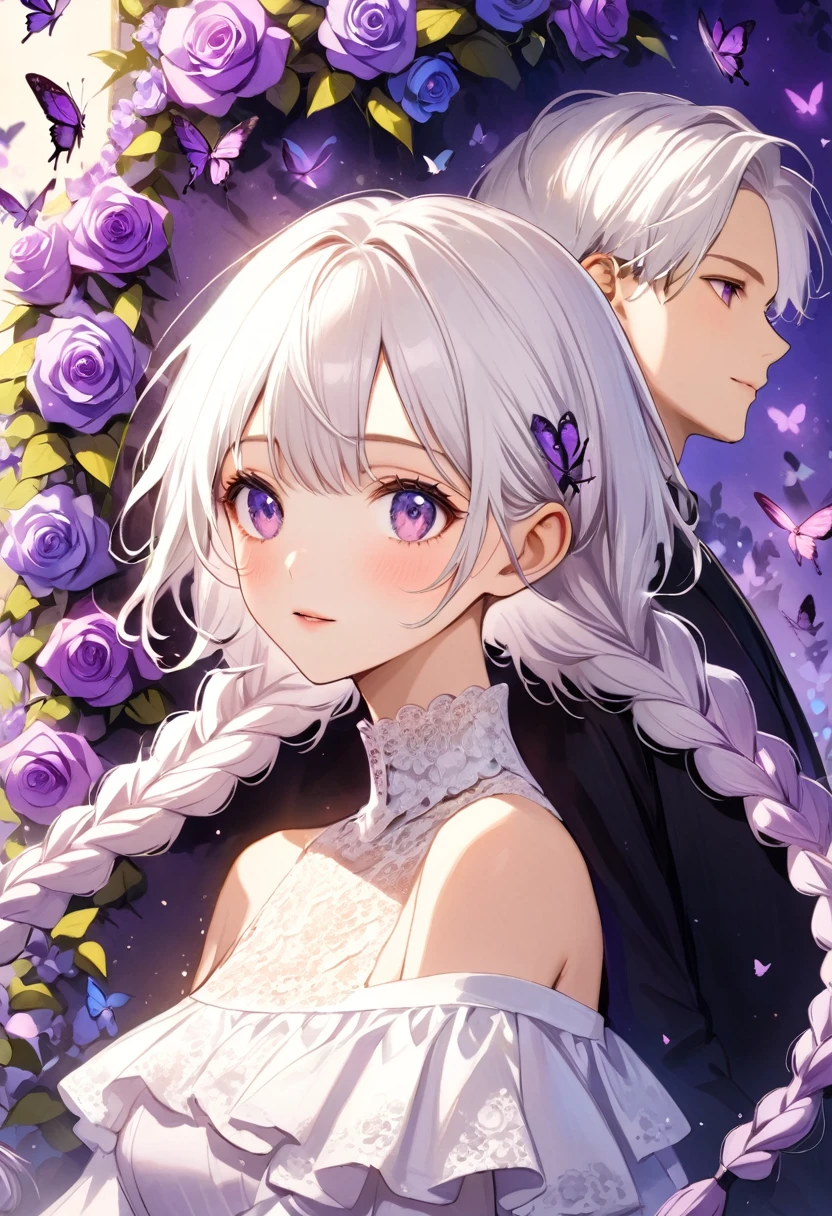 A young couple,bust, Purple Eyes,Bright Eyes,(((Girl with white hair - purple - 2 long braids))),(((Boys short hair)))。High Neck Lace Off Shoulder Dress,Rose flower wall background,Surrounded by swarms of butterflies,Blurred Background,Dream,Aesthetic