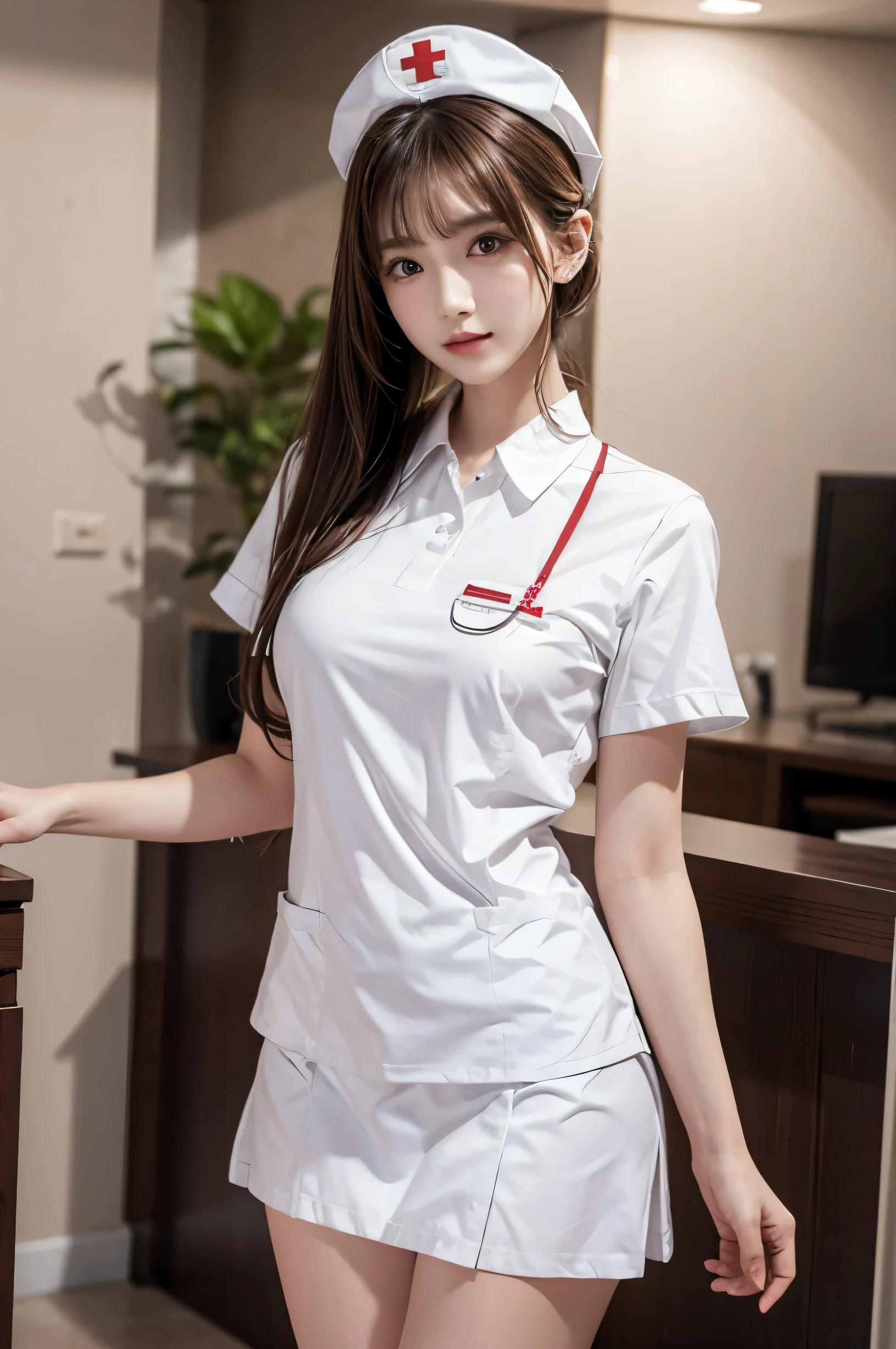 (Ultra HD), (White nurse uniform:1.6, Nurse cap:1.2), Big Breasts, slender, whole body, Standing posture, (Clean and shiny skin, Whitening, No makeup), (Super slim face, Super beautiful face), (Light Brown Ponytail, Layered Cut, Fluffy hair), (double eyelid, Slanted Eyes), Small Nose, Thin lips, Thin legs, hospital