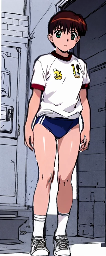 Miyanoshita Satsuki, with her beautiful legs, is standing blushing in the schoolyard wearing a white gym uniform and light navy blue bloomers that look like panties.。