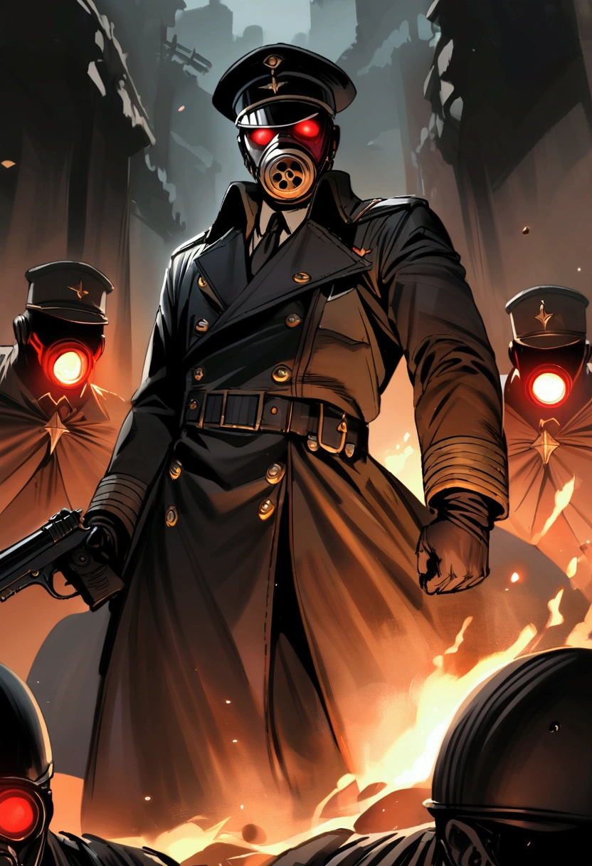 Dark steampunk officer, dark fantasy, holding a pistol, gasmask with red glowing eyes, coat, hat, intimidating, executing villagers, german ww2 style