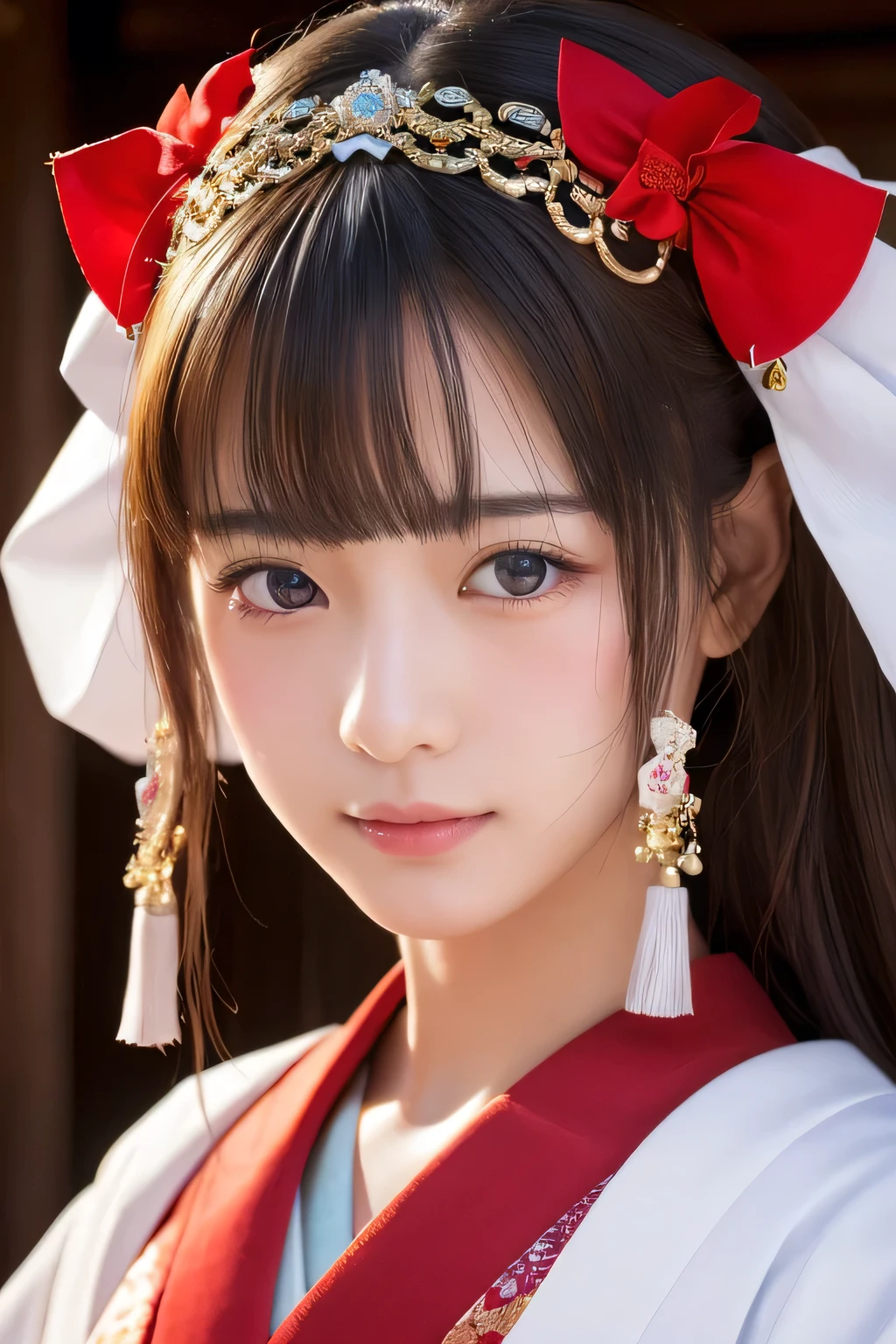 (Highest quality:1.4), (Very detailed), (Very detailed美しい顔), (Realistic Skin:1.4), (High-ranking shrine maiden's outfit:1.5), 17 years old, Great face, Symmetrical eyes, iris, Illuminated by faint light, smile, Japanese Girls, (Skinny body type:1.2), (Flat Chest:1.2) (Facing forward:1.5), Smooth, Very detailed CG synthesis 8k wallpaper, High-resolution RAW color photos, Professional photography, Light, White Light, dream-like, impressive, Written boundary depth, White background, (Photographed from the front:1.5)