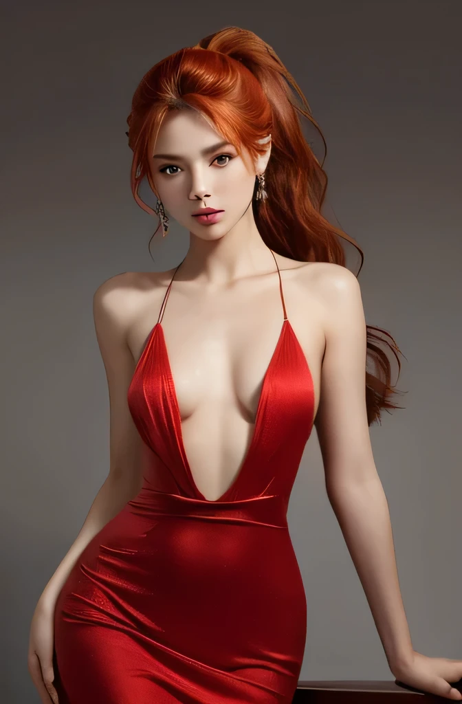 (Masterpiece, vibrant, Detailed, A high resolution:1.2),  1girll, (Long hair:1.2), Orange hair, High ponytail, hair pulled back, Blue eyes, Small breasts, (Red showy dress:1.1), Breasts, Bare shoulders, view the viewer, clavicle, Thighs,