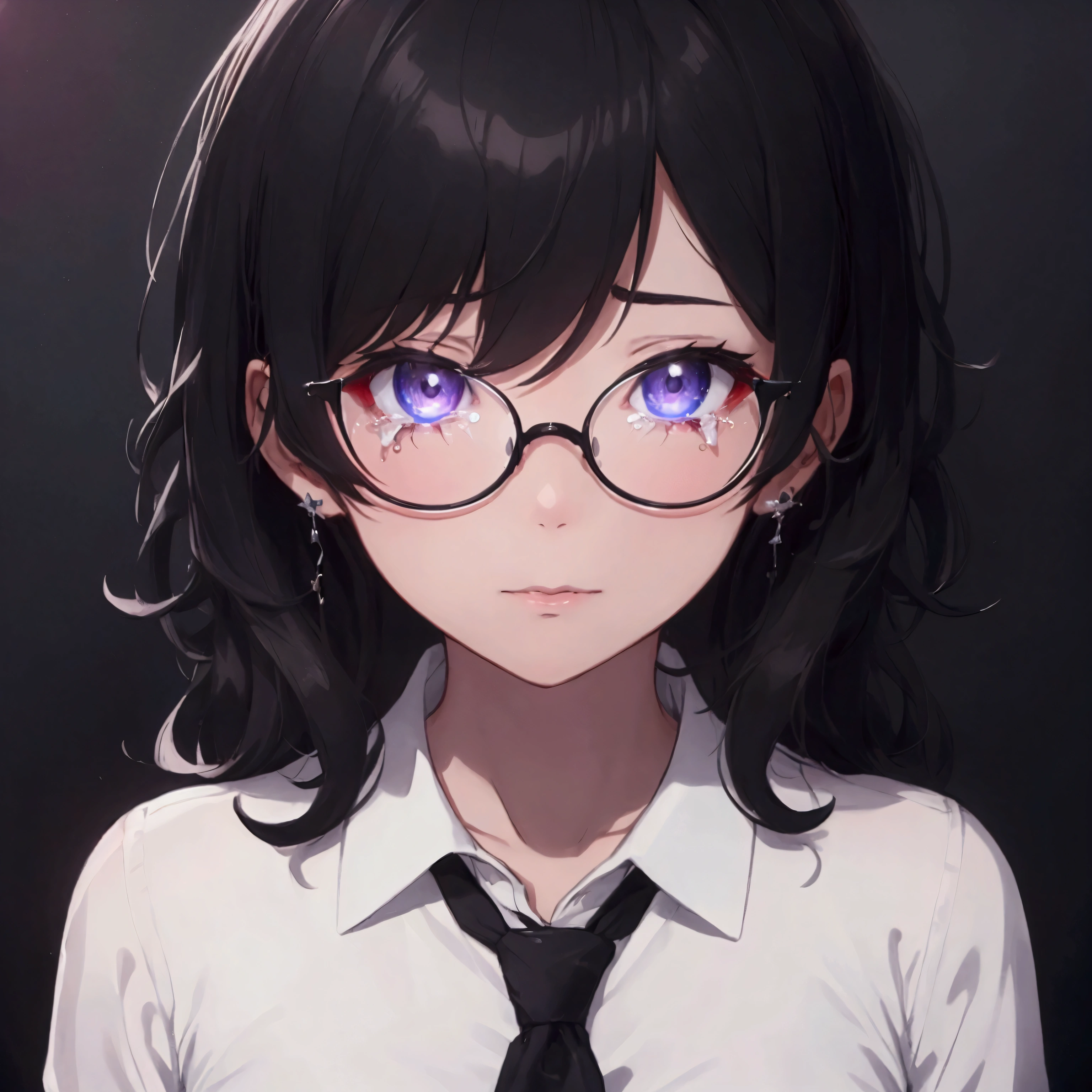 (1 boy), school boy, male, tie, holding a bool, cute boy, adorable, Thick black frame glasses, shy, black messy hair, bluish-grey eye color, wearing glasses, 4k, detailed, anime 4k, (Curly hair), from side, character focus, ((black light)),((dark lighting)), cinematic lighting ,(darkness), (concept art), high resolution,(incredibly absurdres) ,extremely detailed CG unity 8k wallpaper, ((masterpiece)), ((top-quality)), (beautiful illustration), ((an extremely delicate and beautiful)), (masterpiece, Best quality, ultra high resolution), Black hair, pale skin, ultra detailed eyes, Beautiful and detailed face, detailed eyes, (Centered, torso), (tears), (wide shot:0.9), facing the viewer, Eye level