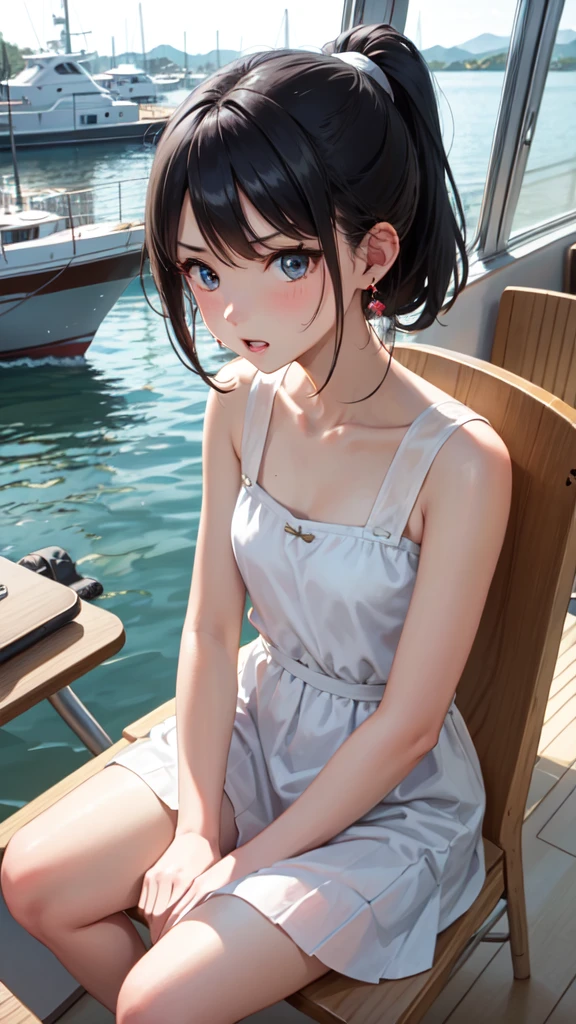 masterpiece、Highest quality、Earrings、White Dress、Black Hair、Small breasts、girl、One person、Upper Body、hot、Sweat a lot、Sitting、ponytail、looking at the camera、classroom、Boat、Cruiser、Sitting、Angry