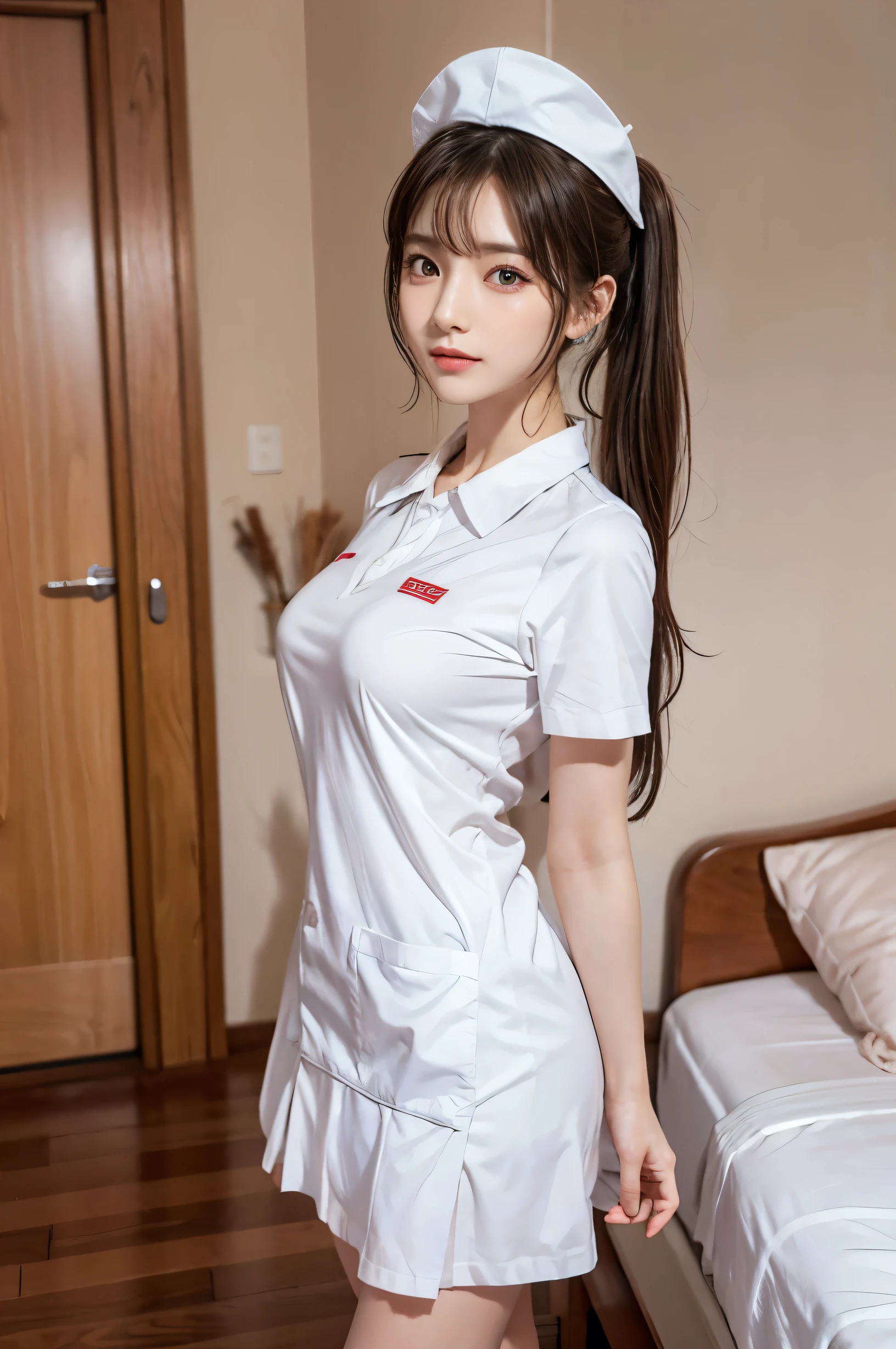 (Ultra HD), (White nurse uniform:1.6, Nurse cap:1.2), Big Breasts, slender, whole body, Standing posture, (Clean and shiny skin, Whitening, No makeup), (Super slim face, Super beautiful face), (Light Brown Ponytail, Layered Cut, Fluffy hair), (double eyelid, Slanted Eyes), Small Nose, Thin lips, Thin legs, hospital