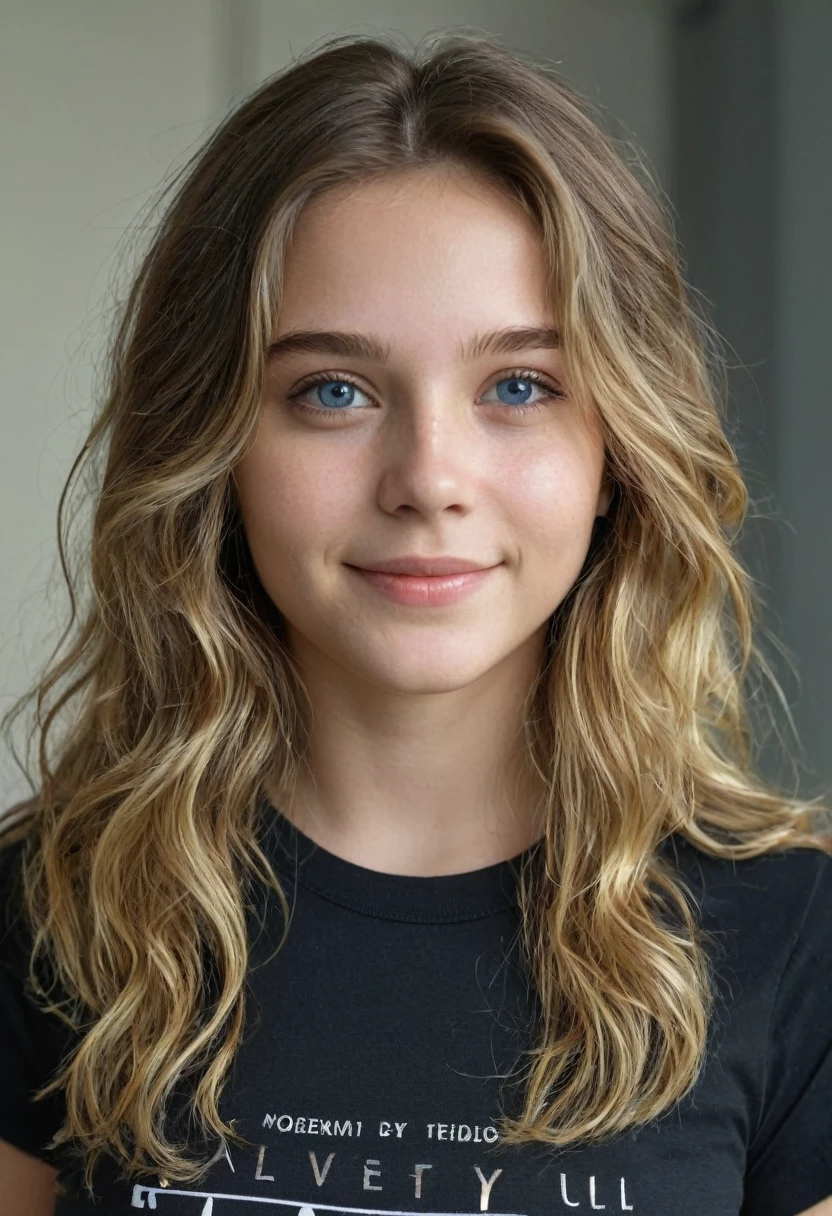Beautiful brunette with blonde highlights wearing a black t-shirt (in the room ), very detailed, 22 years ago, , , innocent face, natural wavy hair, blue eyes, High resolution, masterpiece, highest quality, intricate high detail, very detailed, sharp focus, fine skin, realistic skin texture, texture, fine eyes, Professional, 4K, cute smile, Photographed with Canon, 85mm, shallow depth of field, kodak vision color, perfectly fitted body , very detailed, photograph_\(ultra\), realistic, realistic, Post-processing, maximum details, roughness, real life, ultra realistic, photorealism, photograph, 8K UHD, photograph, (((ultra huge breasts))), upper body