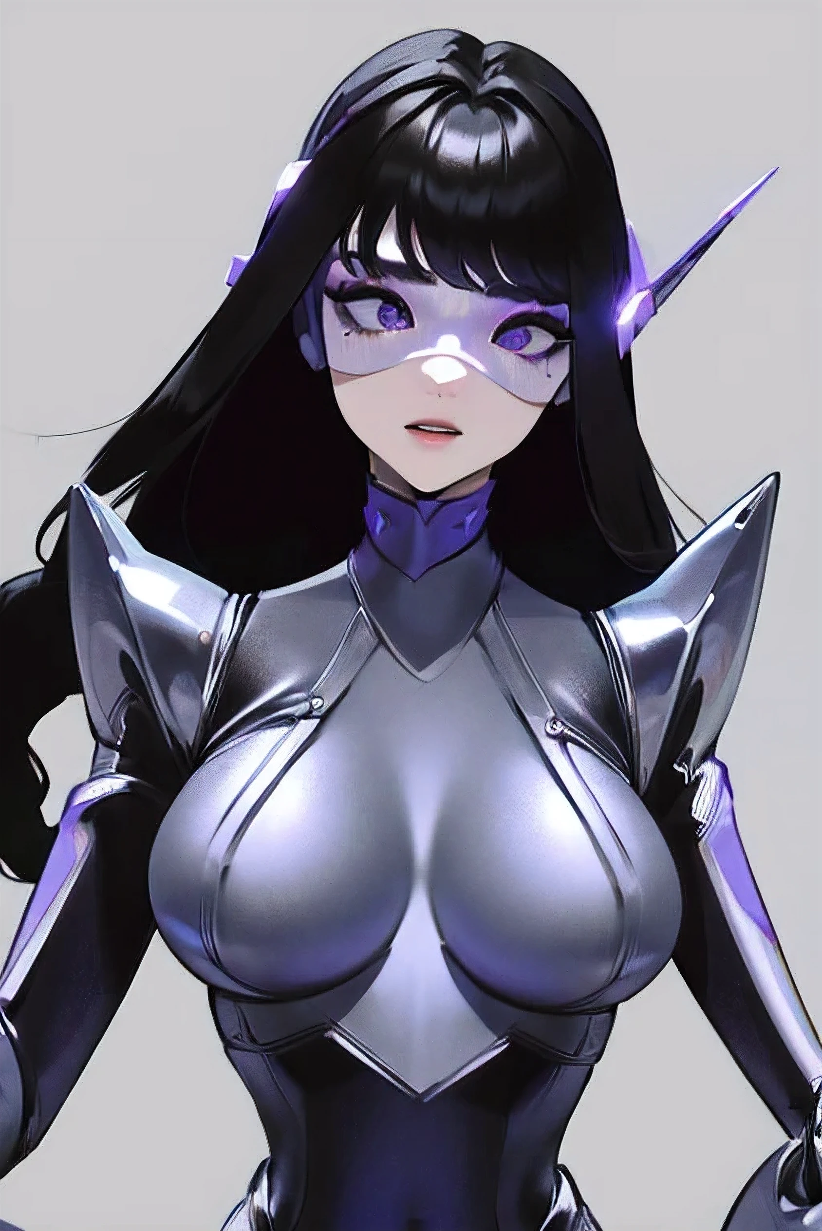 empty eyes,robotized woman ,big bust,Robot Joint ,Metal skin,Black suit,long hair