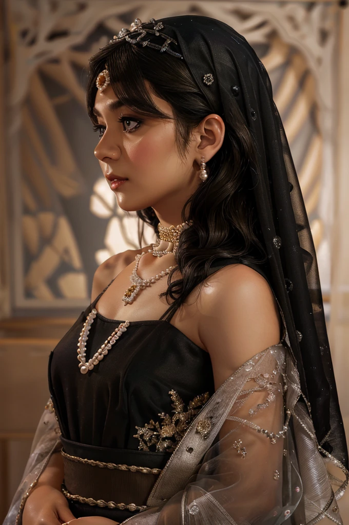 1girl, solo, jewelry, black_hair, necklace, veil, blurry, makeup, blurry_background, realistic, pearl_(gemstone), upper_body, lips, looking_away, looking_to_the_side, brown_eyes, dress, black_eyes, traditional_clothes, portrait