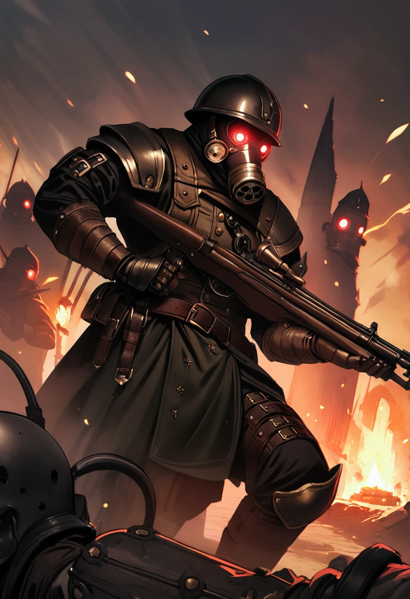 Dark steampunk soldier, dark fantasy, holding a rifle, gasmask with red glowing eyes, armor,helmet, intimidating, executing villagers, german ww2 style