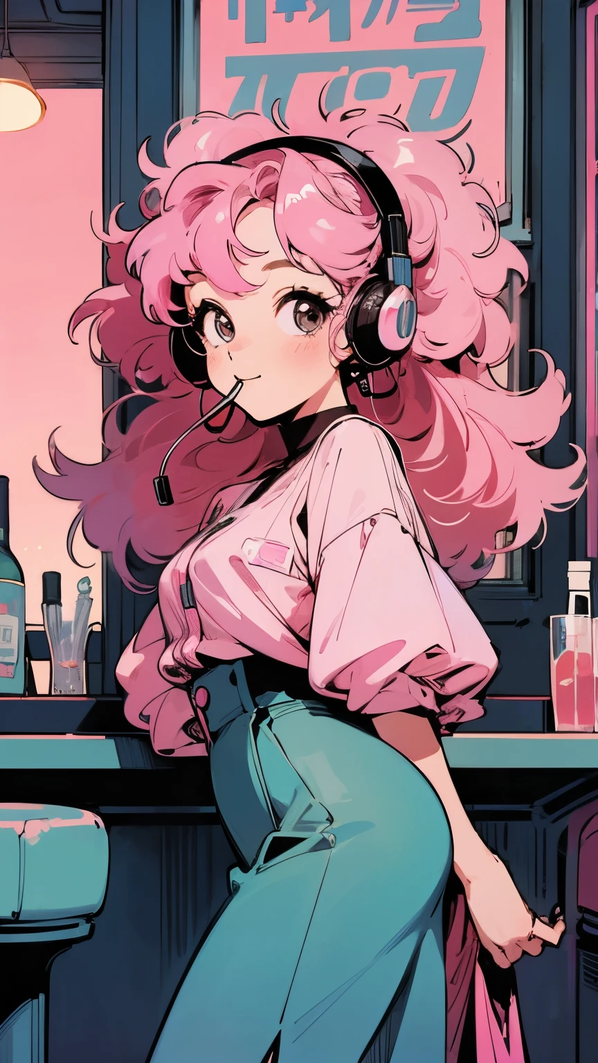 masterpiece, Pink Hair Girl,Fluffy hair, Wear headphones, City Pop Style, Futuristic,Retro, A light smile, Drinking cocktails at a jazz bar,Exact number of arms,Exact finger count,