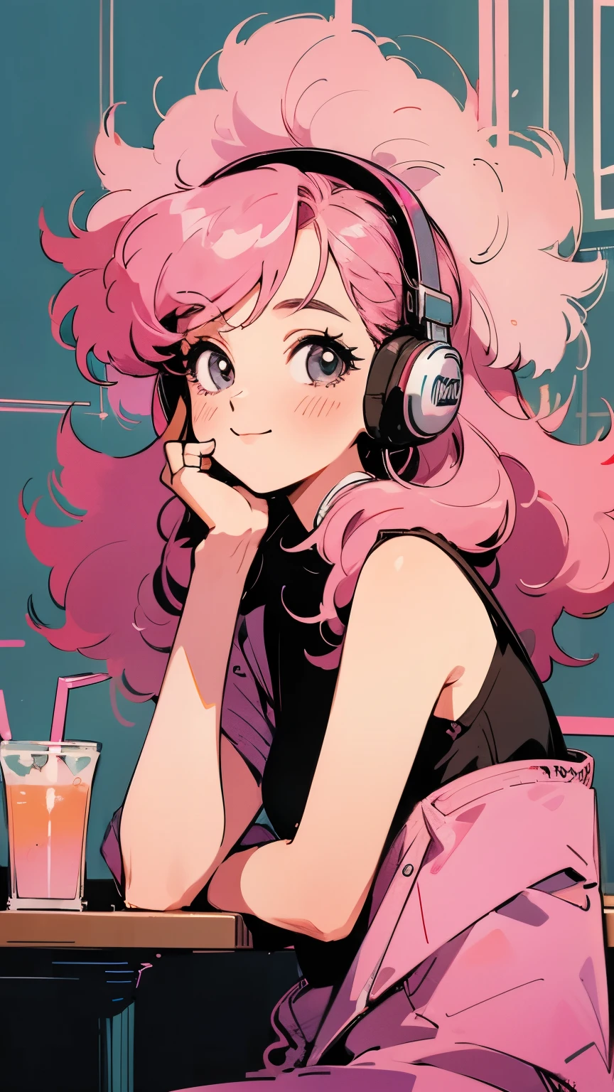 masterpiece, Pink Hair Girl,Fluffy hair, Wear headphones, City Pop Style, Futuristic,Retro, A light smile, Drinking cocktails at a jazz bar,Exact number of arms,Exact finger count,