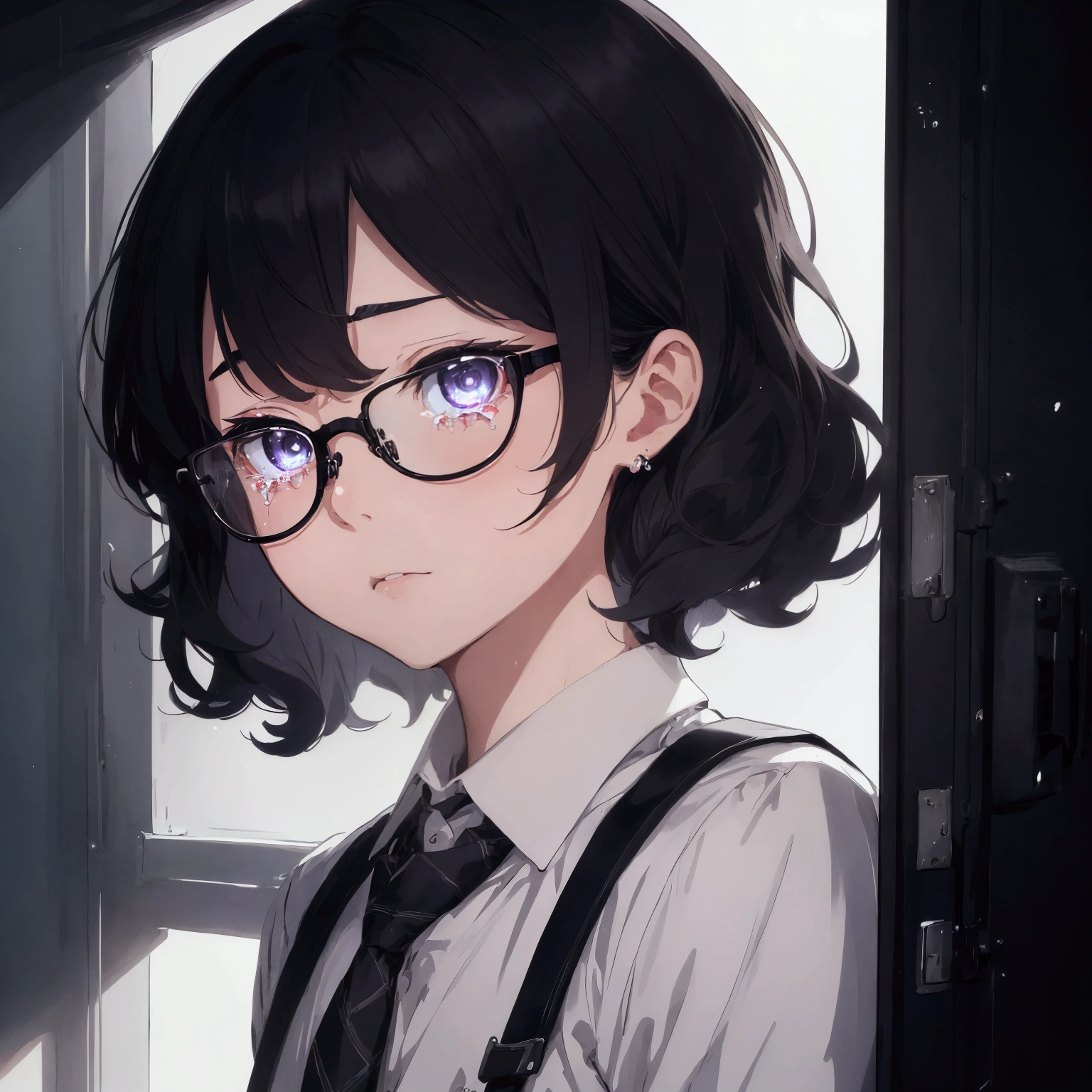 (1 boy), school boy, male, tie, holding a bool, cute boy, adorable, Thick black frame glasses, shy, black messy hair, bluish-grey eye color, wearing glasses, 4k, detailed, anime 4k, (Curly hair), from side, character focus, ((black light)),((dark lighting)), cinematic lighting ,(darkness), (concept art), high resolution,(incredibly absurdres) ,extremely detailed CG unity 8k wallpaper, ((masterpiece)), ((top-quality)), (beautiful illustration), ((an extremely delicate and beautiful)), (masterpiece, Best quality, ultra high resolution), Black hair, pale skin, ultra detailed eyes, Beautiful and detailed face, detailed eyes, (Centered, torso), (tears), (wide shot:0.9), facing the viewer, Eye level