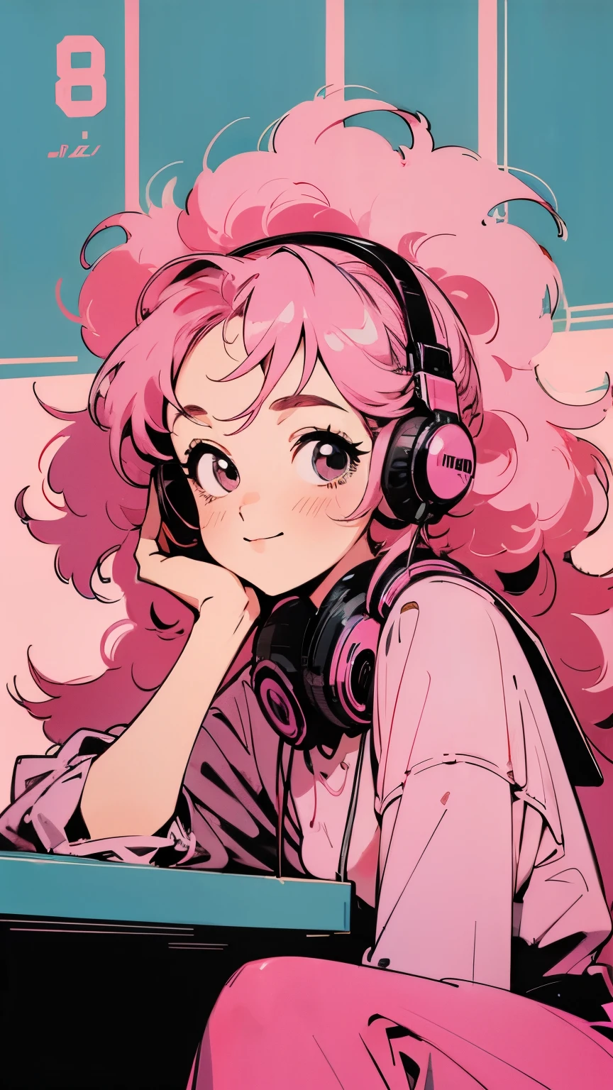 masterpiece, Pink Hair Girl,Fluffy hair, Wear headphones, City Pop Style, Futuristic,Retro, A light smile, Drinking cocktails at a jazz bar,Exact number of arms,Exact finger count,