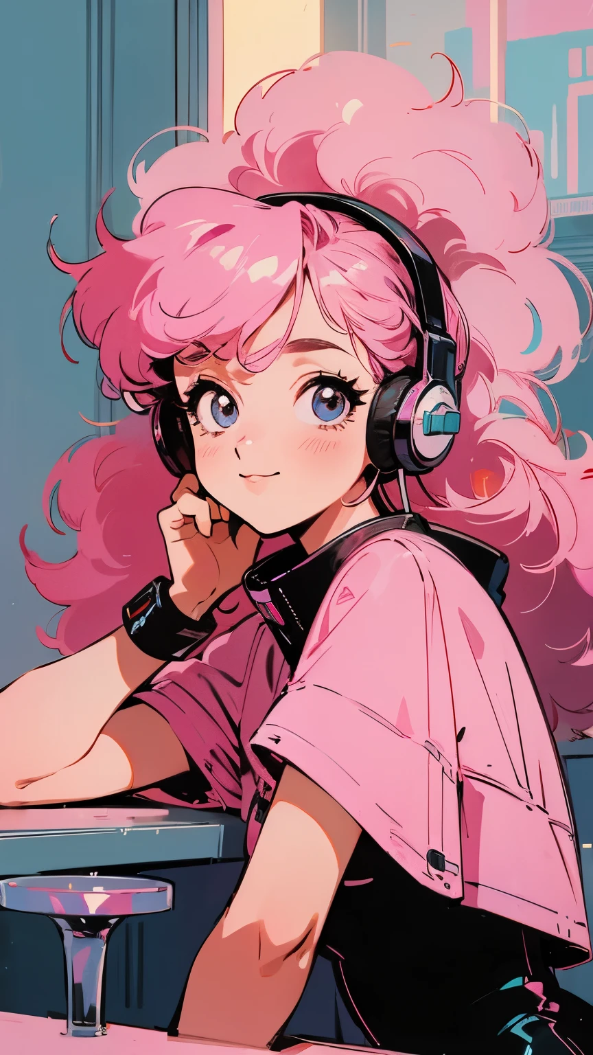 masterpiece, Pink Hair Girl,Fluffy hair, Wear headphones, City Pop Style, Futuristic,Retro, A light smile, Drinking cocktails at a jazz bar,Exact number of arms,Exact finger count,