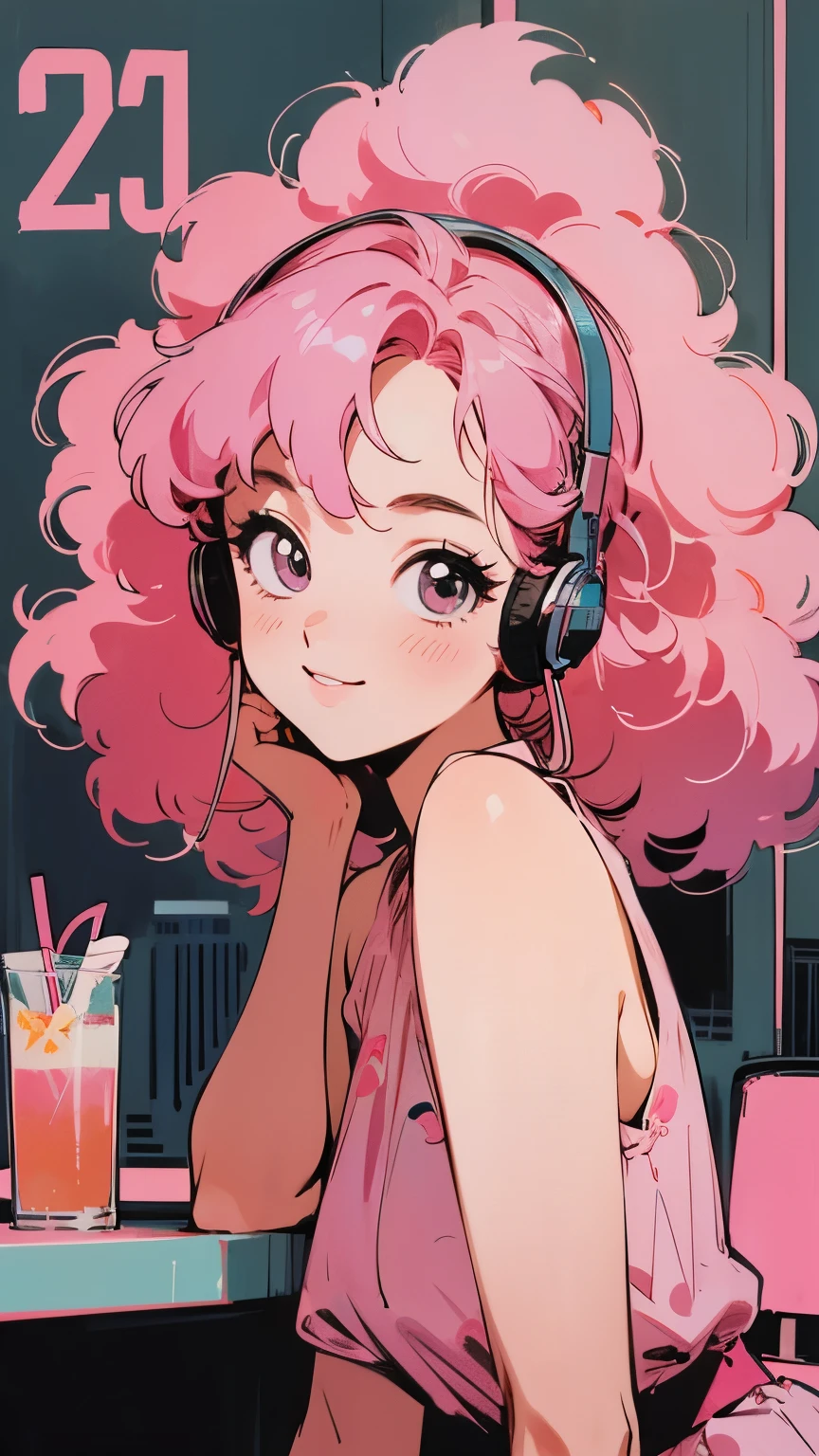 masterpiece, Pink Hair Girl,Fluffy hair, Wear headphones, City Pop Style, Futuristic,Retro, A light smile, Drinking cocktails at a jazz bar,Exact number of arms,Exact finger count,
