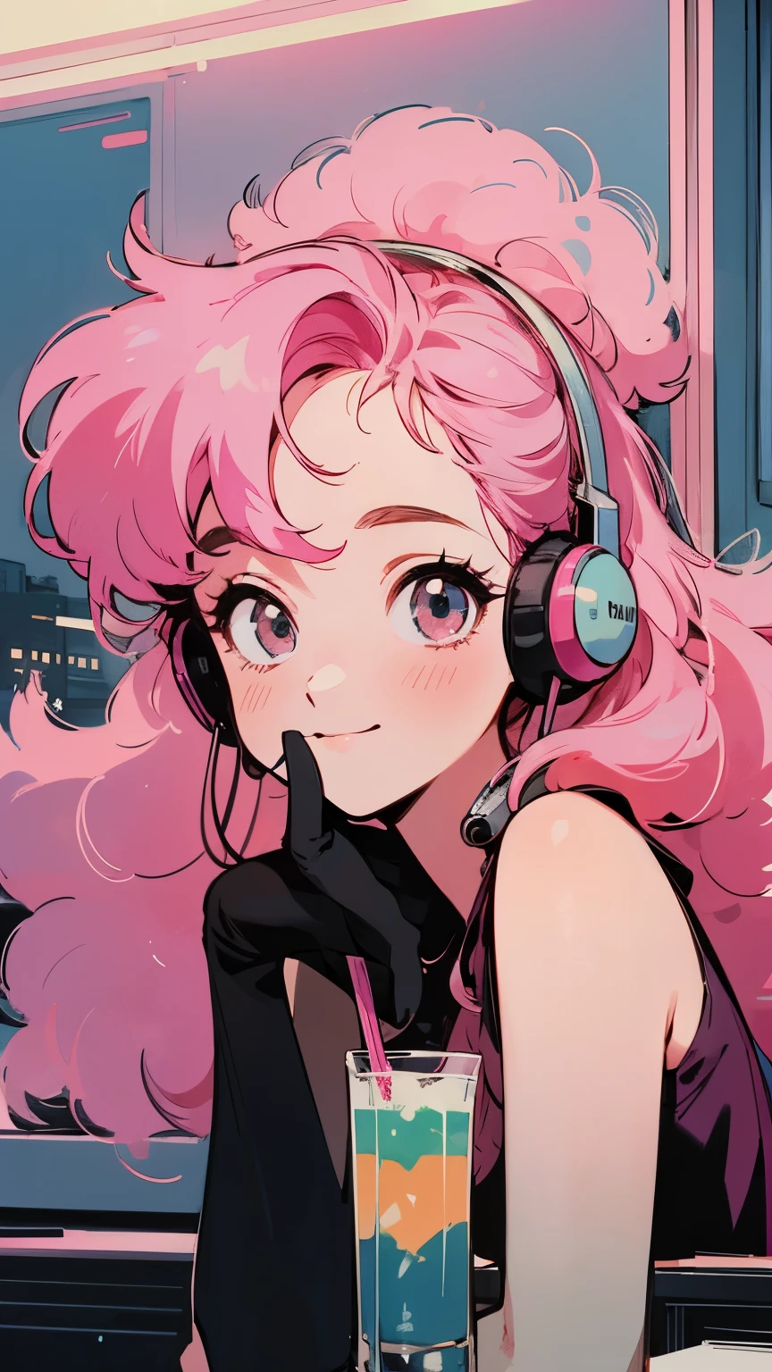 masterpiece, Pink Hair Girl,Fluffy hair, Wear headphones, City Pop Style, Futuristic,Retro, A light smile, Drinking cocktails at a jazz bar,Exact number of arms,Exact finger count,