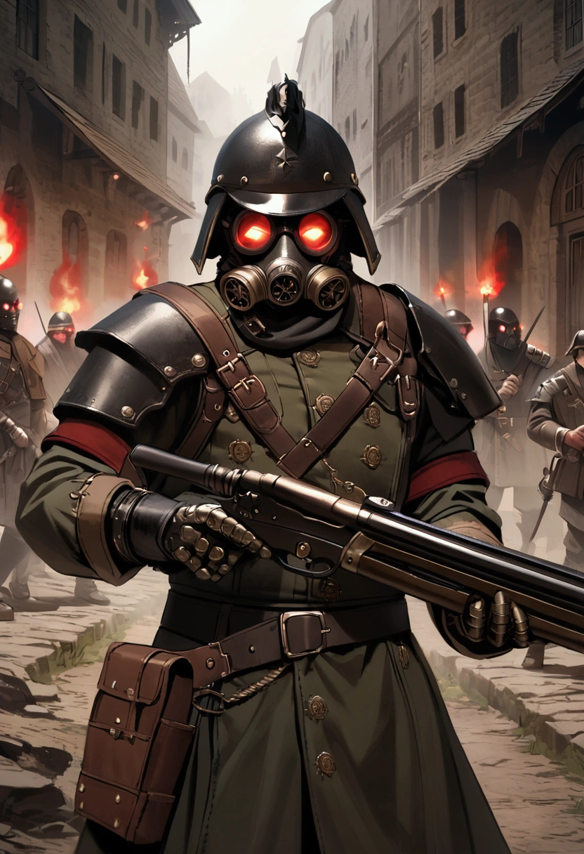 Dark steampunk soldier, dark fantasy, holding a rifle, gasmask with red glowing eyes, armor,helmet, intimidating, executing villagers, german ww2 style