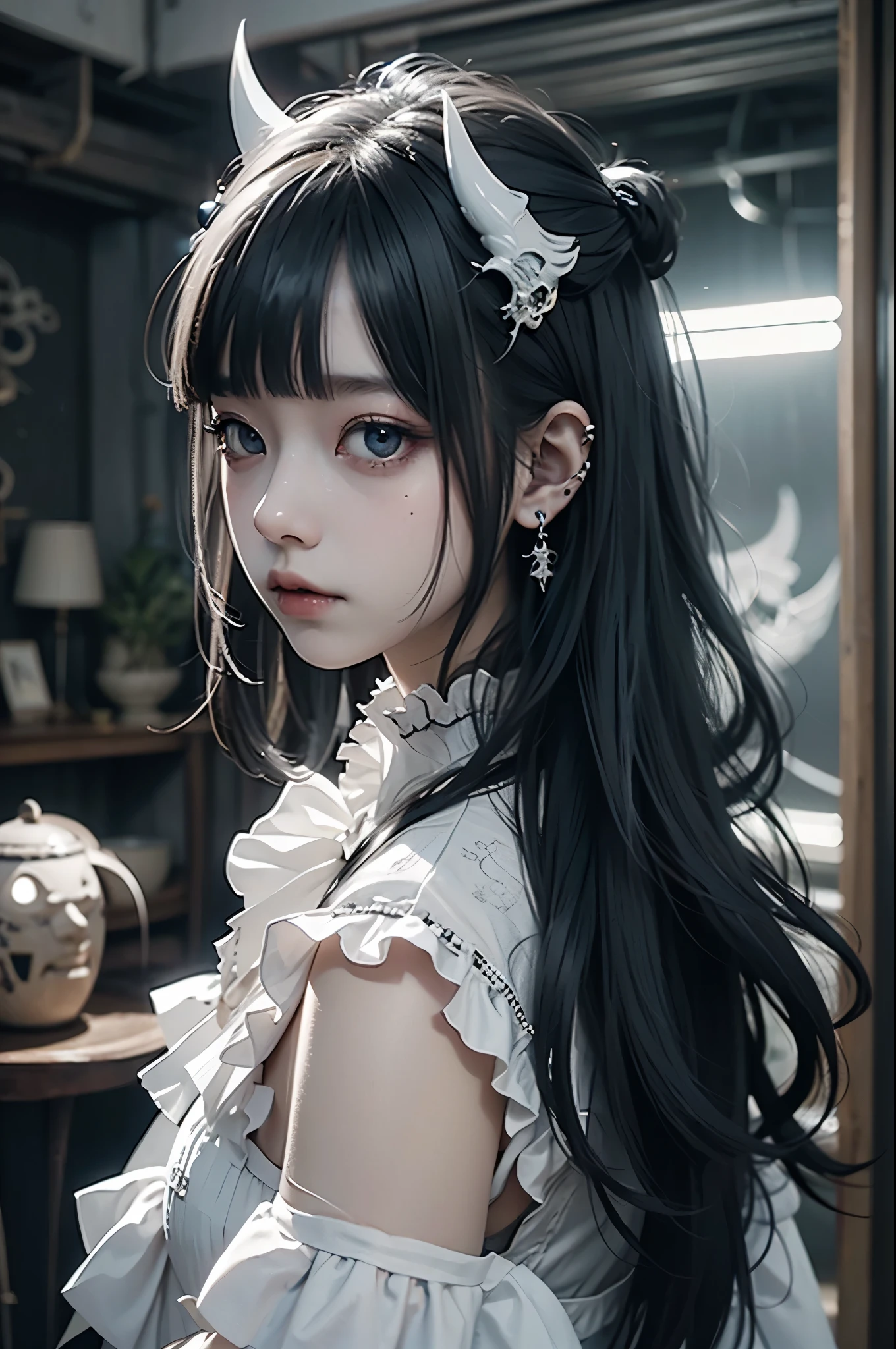 RAW Photos, Realistic, Ultra-realistic, celestial girl, beautiful demon girl, frilled white dress, dark hair, blue highlights, white elegant room, Rococo furniture, simple lines, detailed minimalist style, modern art feel, ornate interior, horns, long blue nails, anime art style, soft light, detailed and soft lighting, Highest quality, masterpiece, Ultra-high resolution, 8K