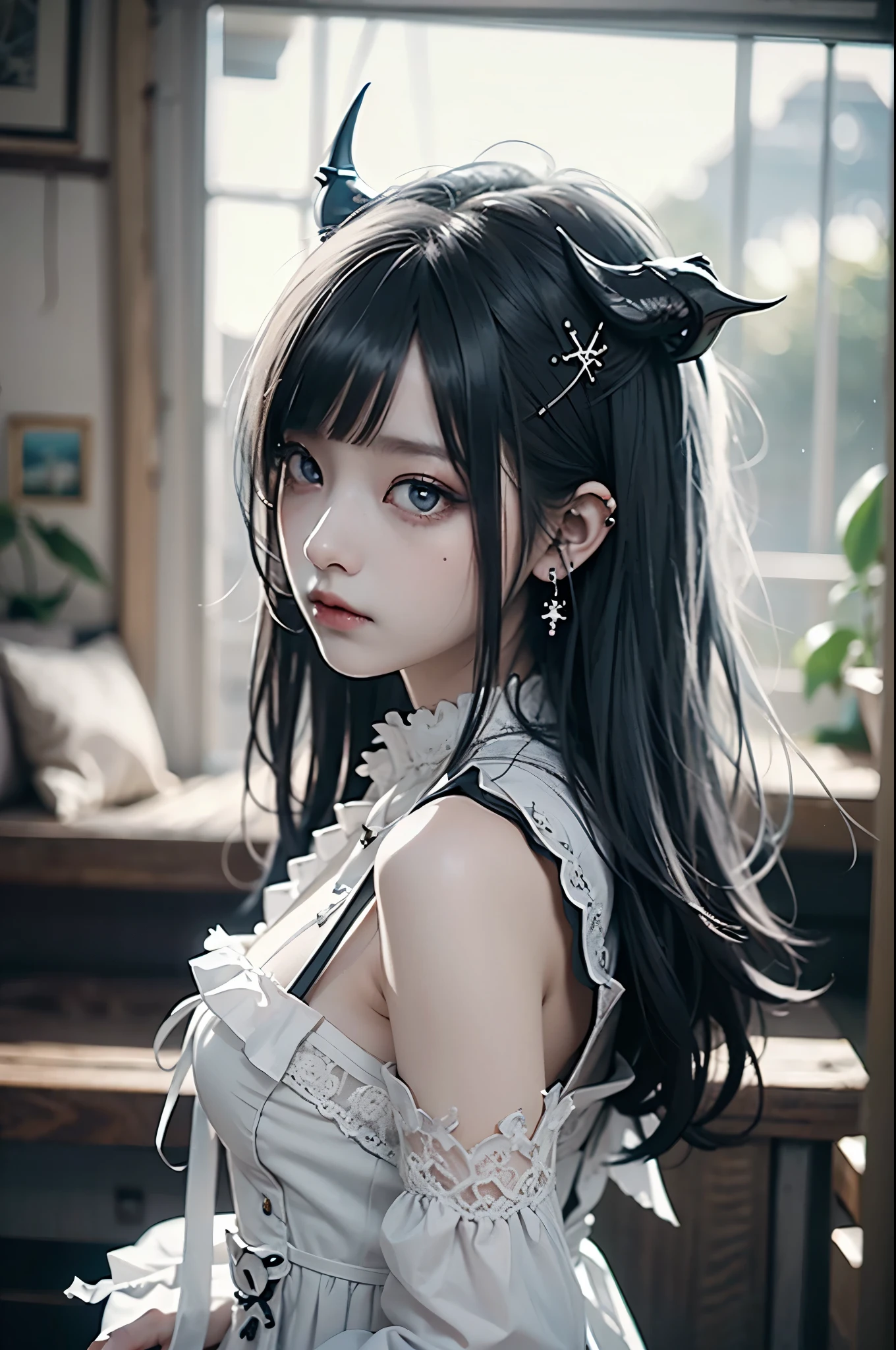 RAW Photos, Realistic, Ultra-realistic, celestial girl, beautiful demon girl, frilled white dress, dark hair, blue highlights, white elegant room, Rococo furniture, simple lines, detailed minimalist style, modern art feel, ornate interior, horns, long blue nails, anime art style, soft light, detailed and soft lighting, Highest quality, masterpiece, Ultra-high resolution, 8K