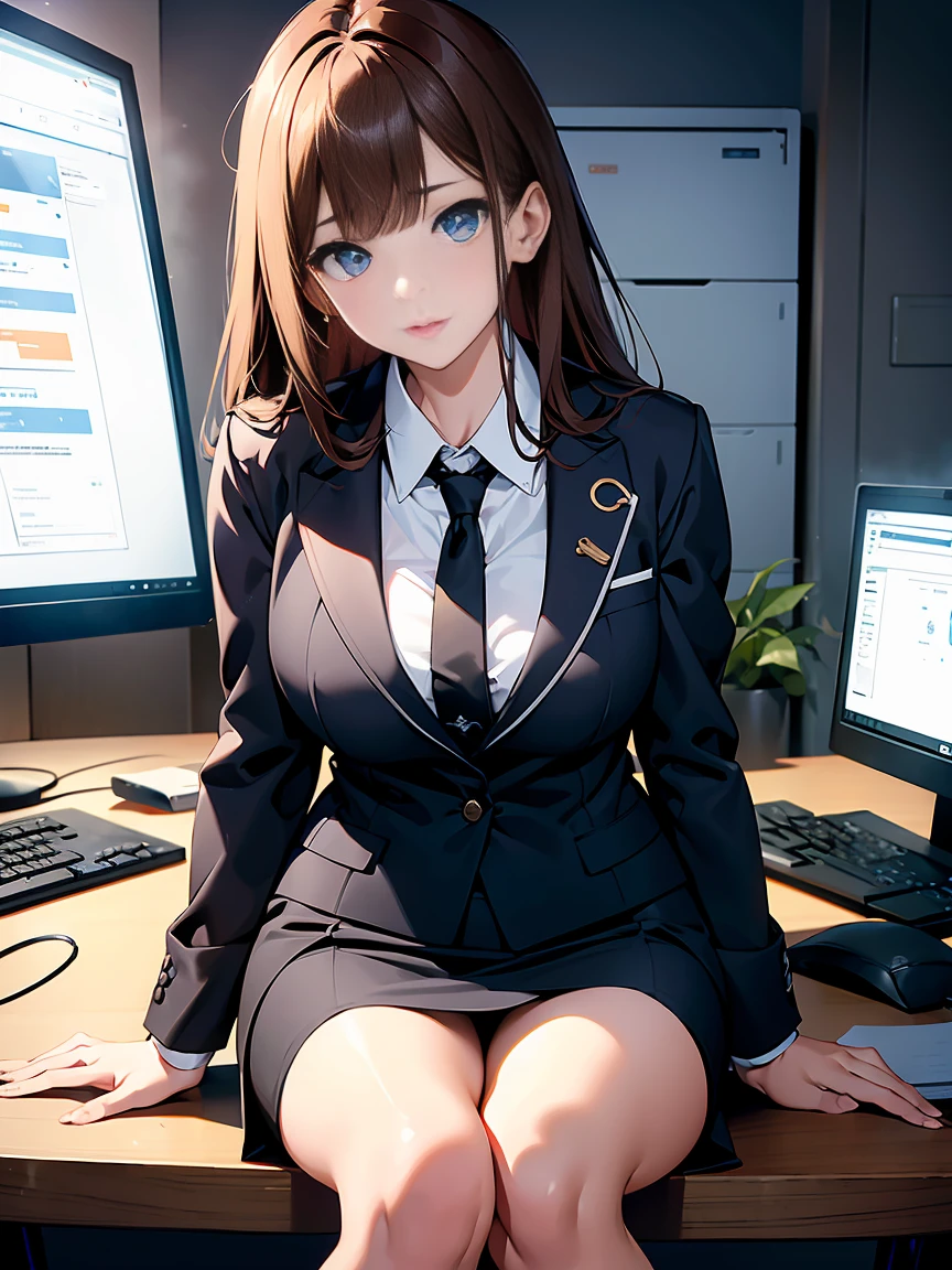 masterpiece、High resolution 8k、Browsing Caution、Sharp focus、Contrast lighting、Fine skin、Flying debris、 Highest quality、Ultra-high resolution、Ultra-high resolution、Detailed CG、stock exchange、Large office room、Lots of big monitors、Desk computer、transaction、document、stock、Chart Screen、Office Lady、Woman sitting on chair、(Sit with your legs apart:1.2),Panty Shot,Beautiful Eyes、(Detailed Faces and Faces:1 .2)、Narrow eyes、Almond Eye、Iris、Eye Gradation Eye Highlight:1.2)、(Light reddish brown hair、middle、Asymmetrical bangs)、(ID card、Shortage of office wear blazers、White dress shirt、Black Pencil Skirt、pumps)、(Fuller lips、gross、Glossy Lips、 size) 、(Oval Face : 1.4)、(Thin fingered arms、Detailed human hand)、
