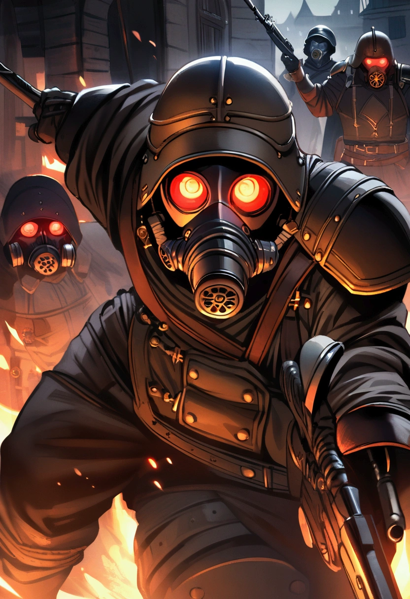 Dark steampunk soldier, dark fantasy, holding a rifle, gasmask with red glowing eyes, armor,helmet, intimidating, executing villagers, german ww2 style