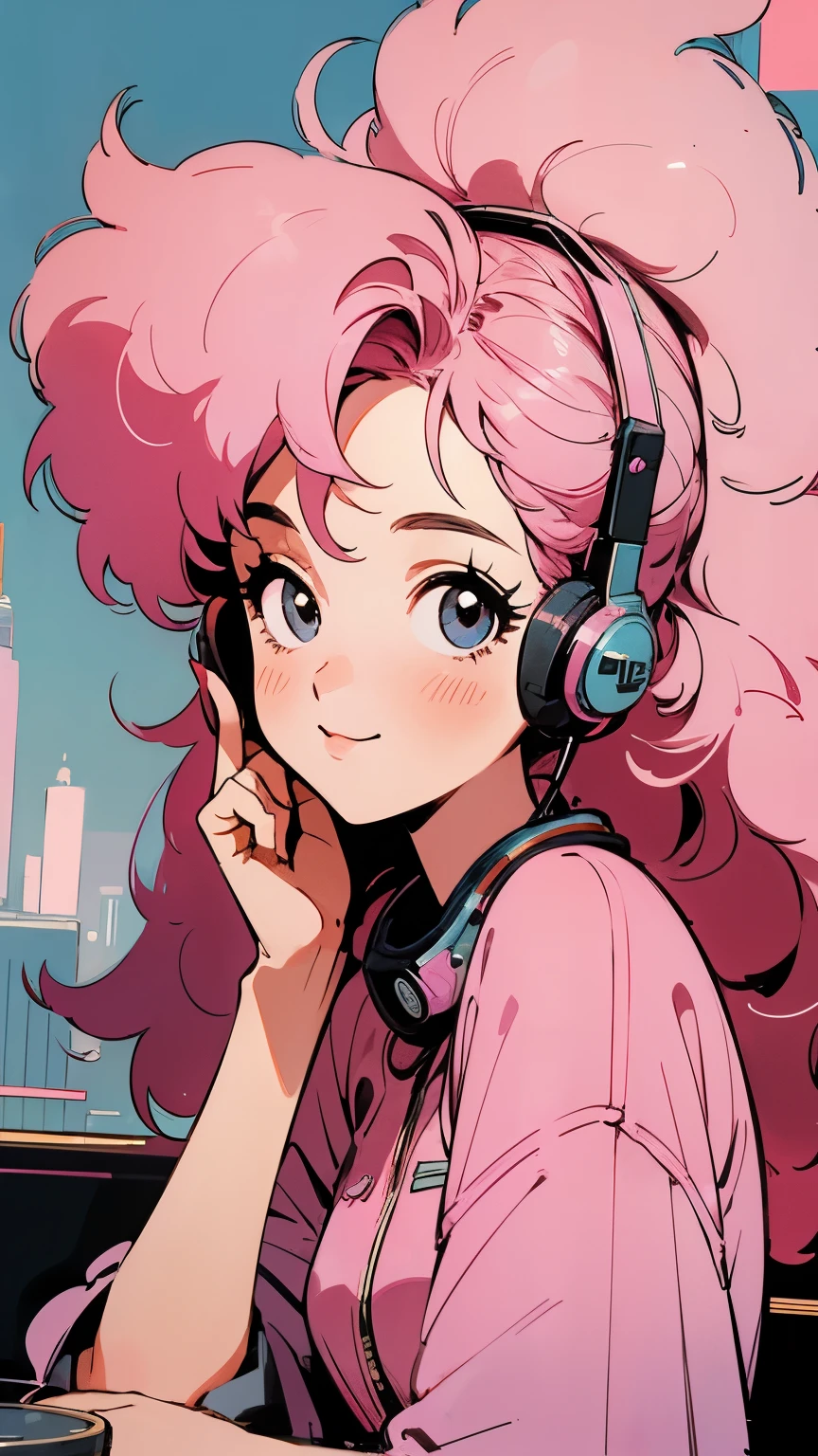 masterpiece, Pink Hair Girl,Fluffy hair, Wear headphones, City Pop Style, Futuristic,Retro, A light smile, Drinking cocktails at a jazz bar,Exact number of arms,Exact finger count,
