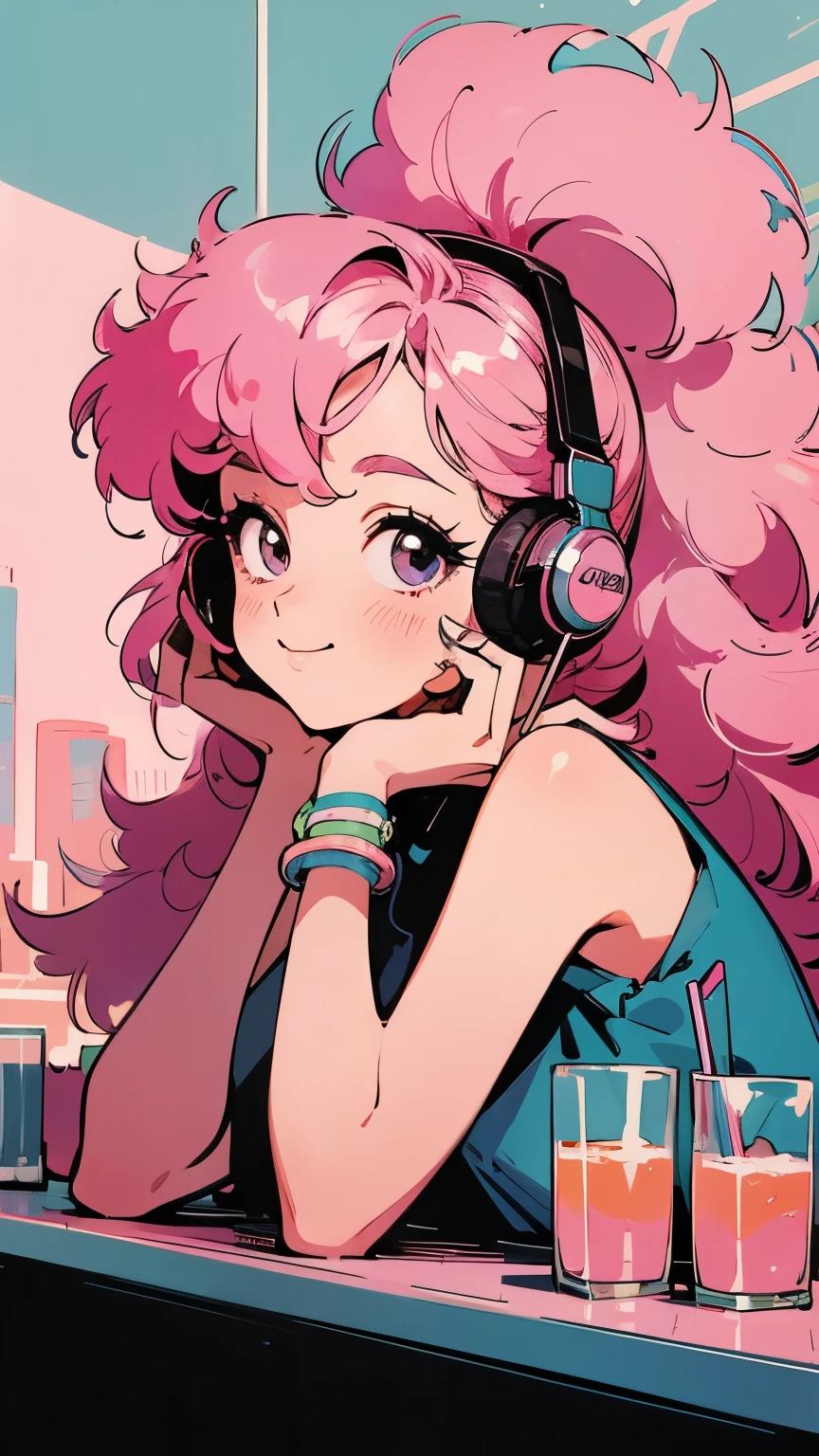 masterpiece, Pink Hair Girl,Fluffy hair, Wear headphones, City Pop Style, Futuristic,Retro, A light smile, Drinking cocktails at a jazz bar,Exact number of arms,Exact finger count,