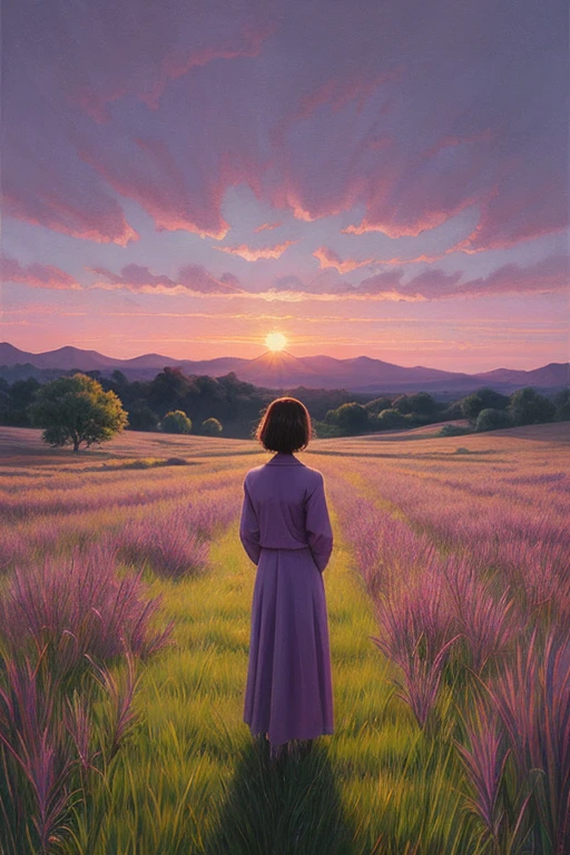 Highest quality、Landscape painting、Standing alone in the vast grassland、At dusk、Light purple sky、Surrealism