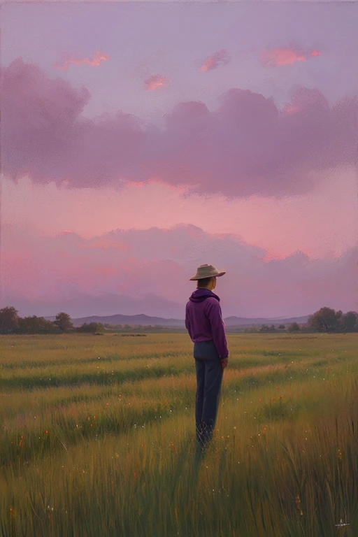Highest quality、Landscape painting、Standing alone in the vast grassland、At dusk、Light purple sky、Surrealism