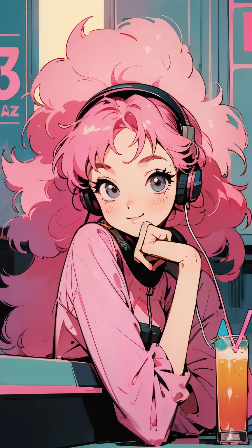 masterpiece, Pink Hair Girl,Fluffy hair, Wear headphones, City Pop Style, Futuristic,Retro, A light smile, Drinking cocktails at a jazz bar,Exact number of arms,Exact finger count,