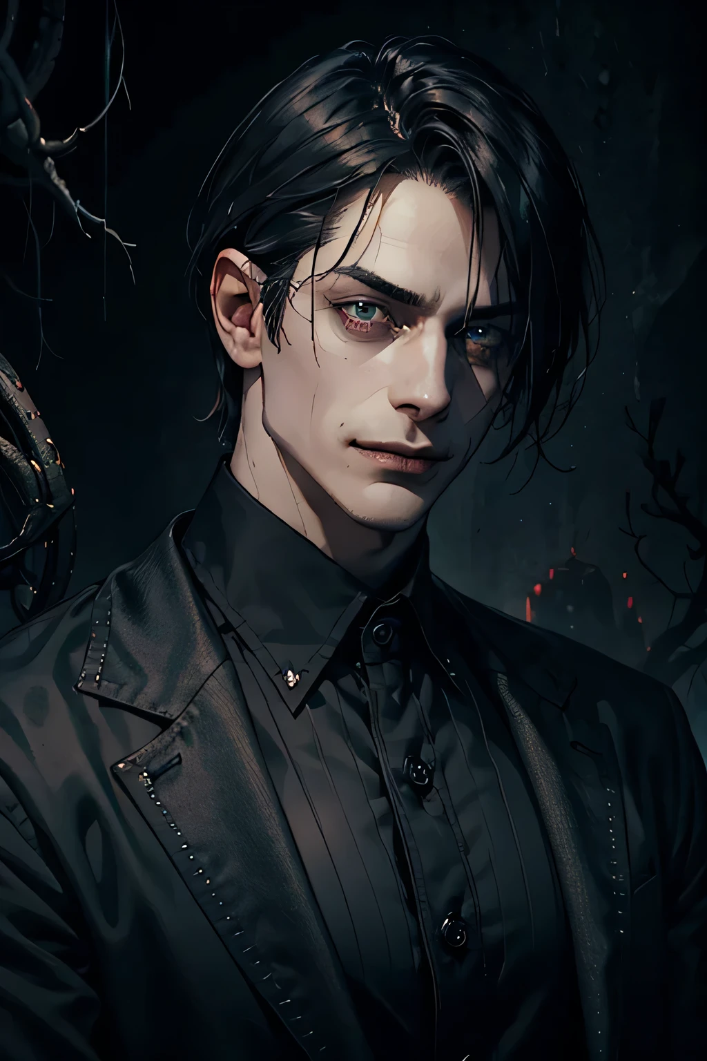A creepy man, smiling, staring directly at the viewer, detailed face, piercing eyes, sinister expression, dark and moody lighting, horror atmosphere, gloomy background, dramatic shadows, muted color palette, unsettling mood, photorealistic, highly detailed, cinematic lighting, smliing, hand over his chin