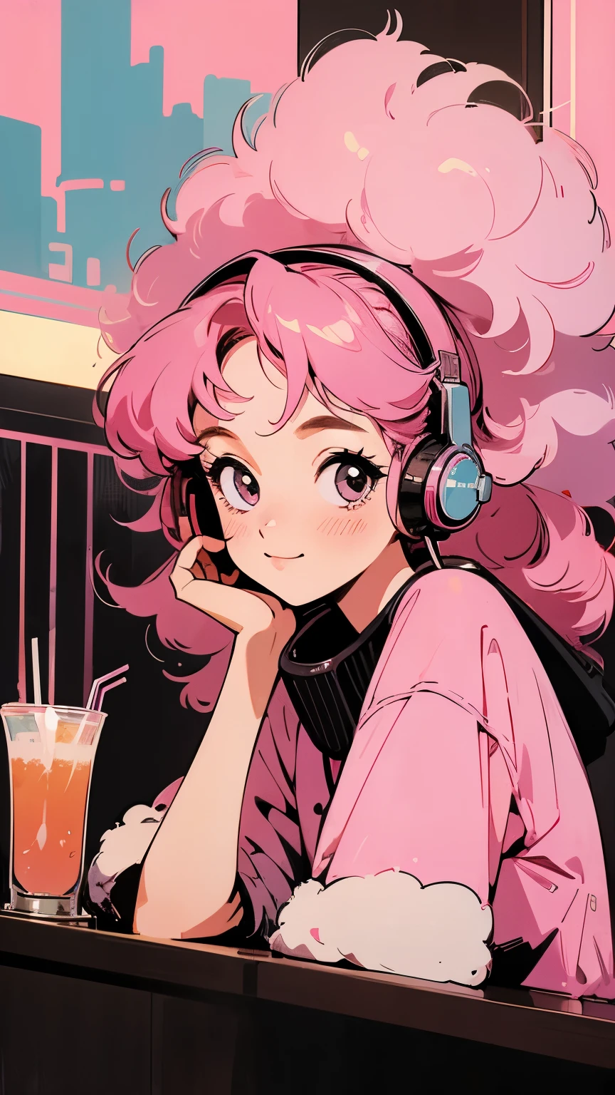 masterpiece, Pink Hair Girl,Fluffy hair, Wear headphones, City Pop Style, Futuristic,Retro, A light smile, Drinking cocktails at a jazz bar,Exact number of arms,Exact finger count,