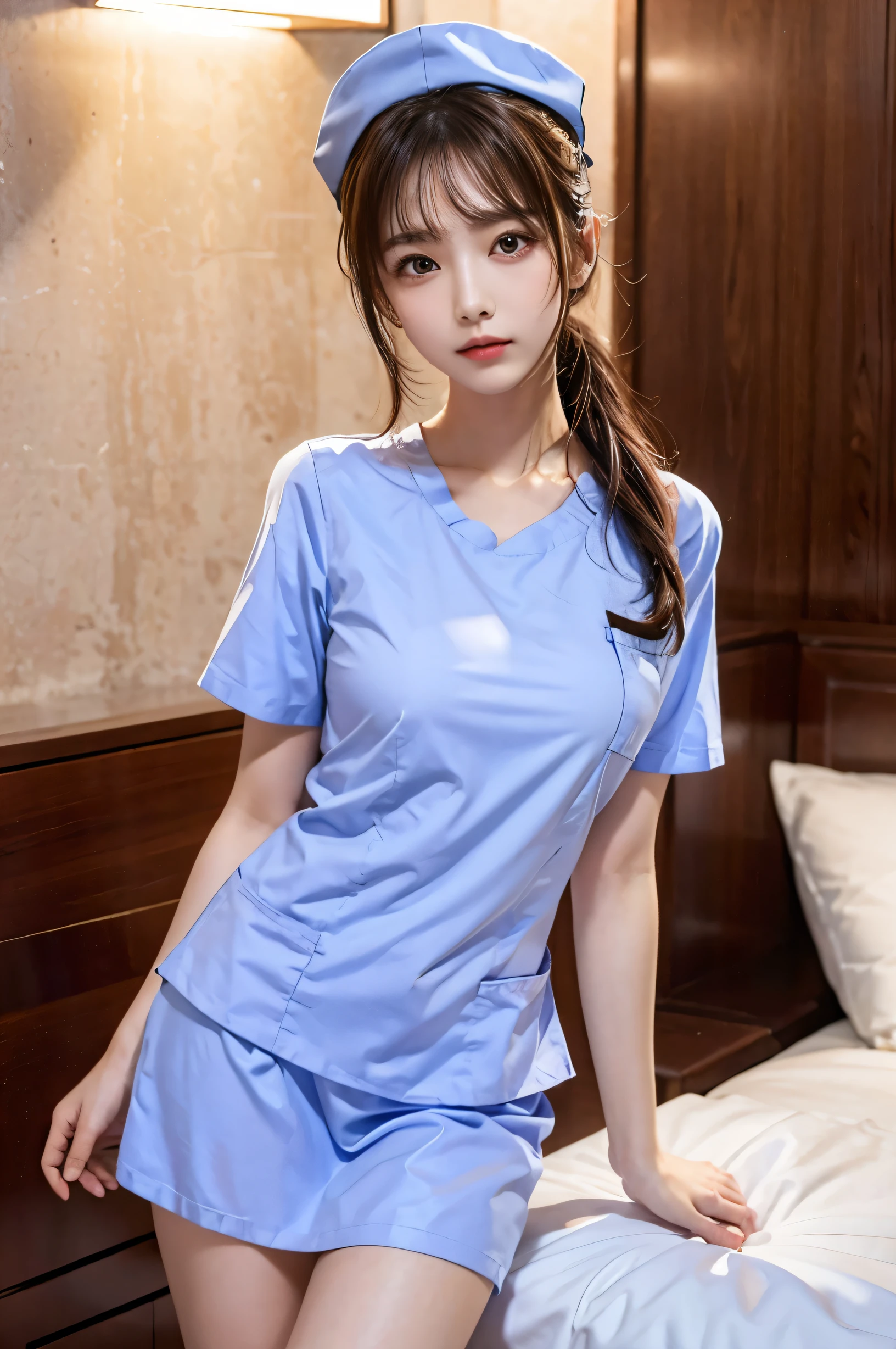 (Ultra HD), (short sleeve nurse uniform:1.6, Nurse cap:1.2), Big Breasts, slender, whole body, Standing posture, (Clean and shiny skin, Whitening, No makeup), (Super slim face, Super beautiful face), (Light Brown Ponytail, Layered Cut, Fluffy hair), (double eyelid, Slanted Eyes), Small Nose, Thin lips, Thin legs, hospital