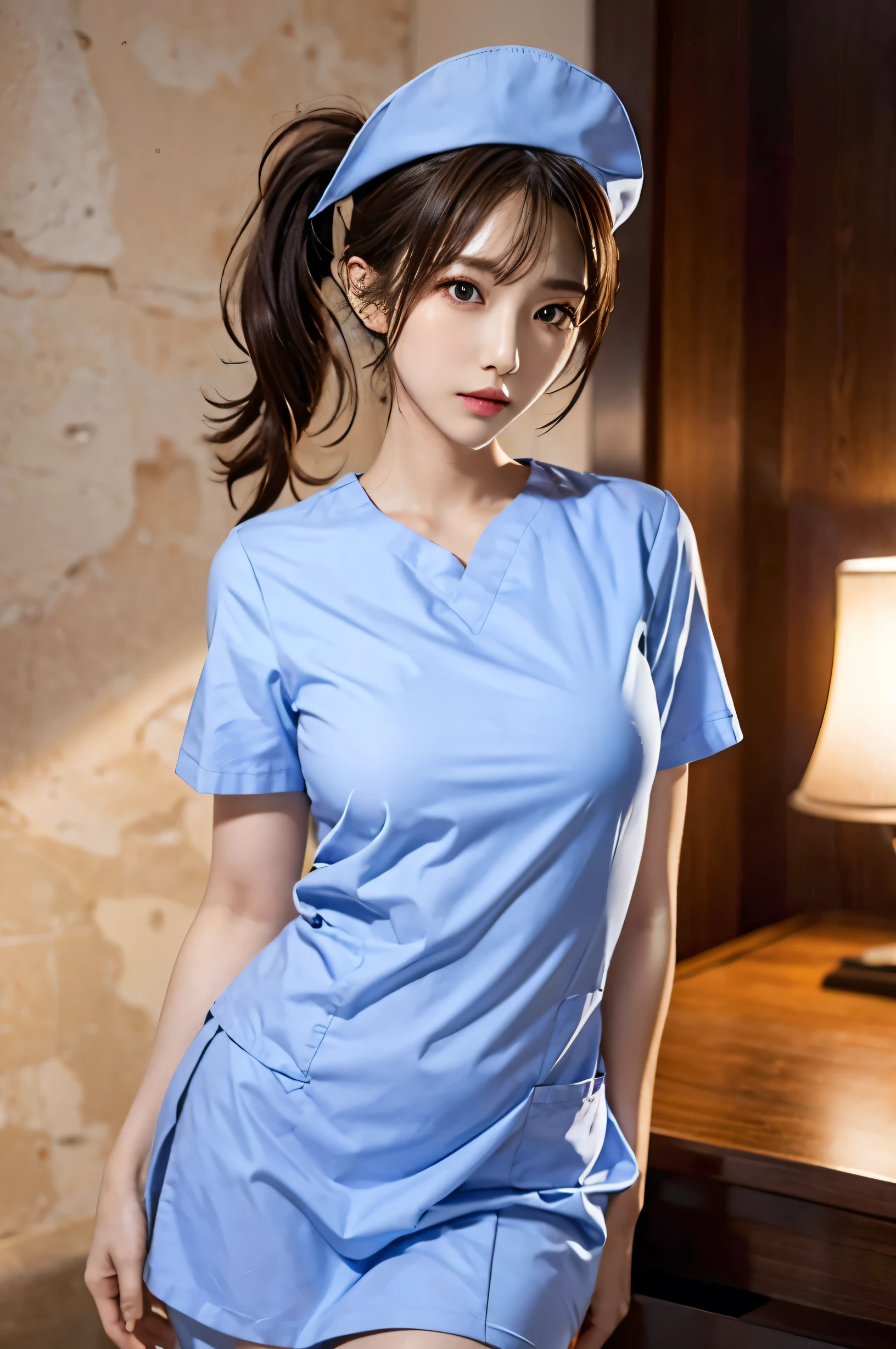 (Ultra HD), (short sleeve nurse uniform:1.6, Nurse cap:1.2), Big Breasts, slender, whole body, Standing posture, (Clean and shiny skin, Whitening, No makeup), (Super slim face, Super beautiful face), (Light Brown Ponytail, Layered Cut, Fluffy hair), (double eyelid, Slanted Eyes), Small Nose, Thin lips, Thin legs, hospital