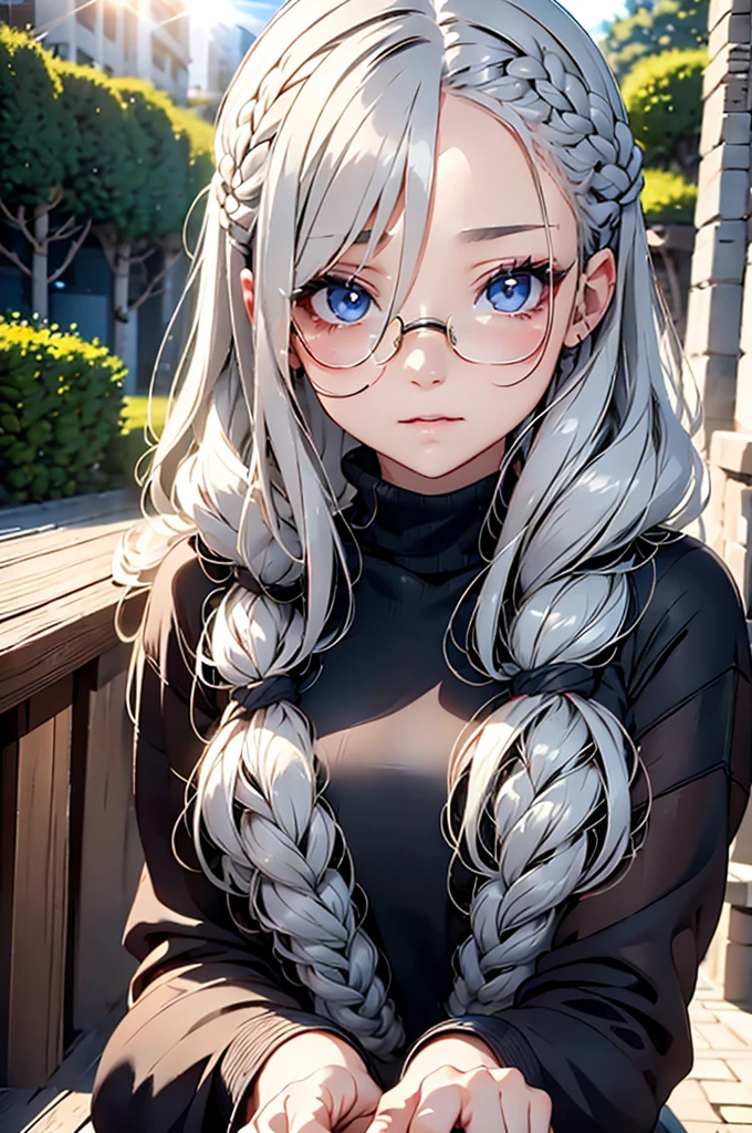 one woman、14 talents、cozy turtleneck sweater、Upper body angle、Very cute、Perfect good looks、Braid、ash gray hair:1.5、glare of the sun、Depth of object being written、blurred background、particles of light、Strange wind、Highest image quality、highest quality、ultra high resolution、master piece