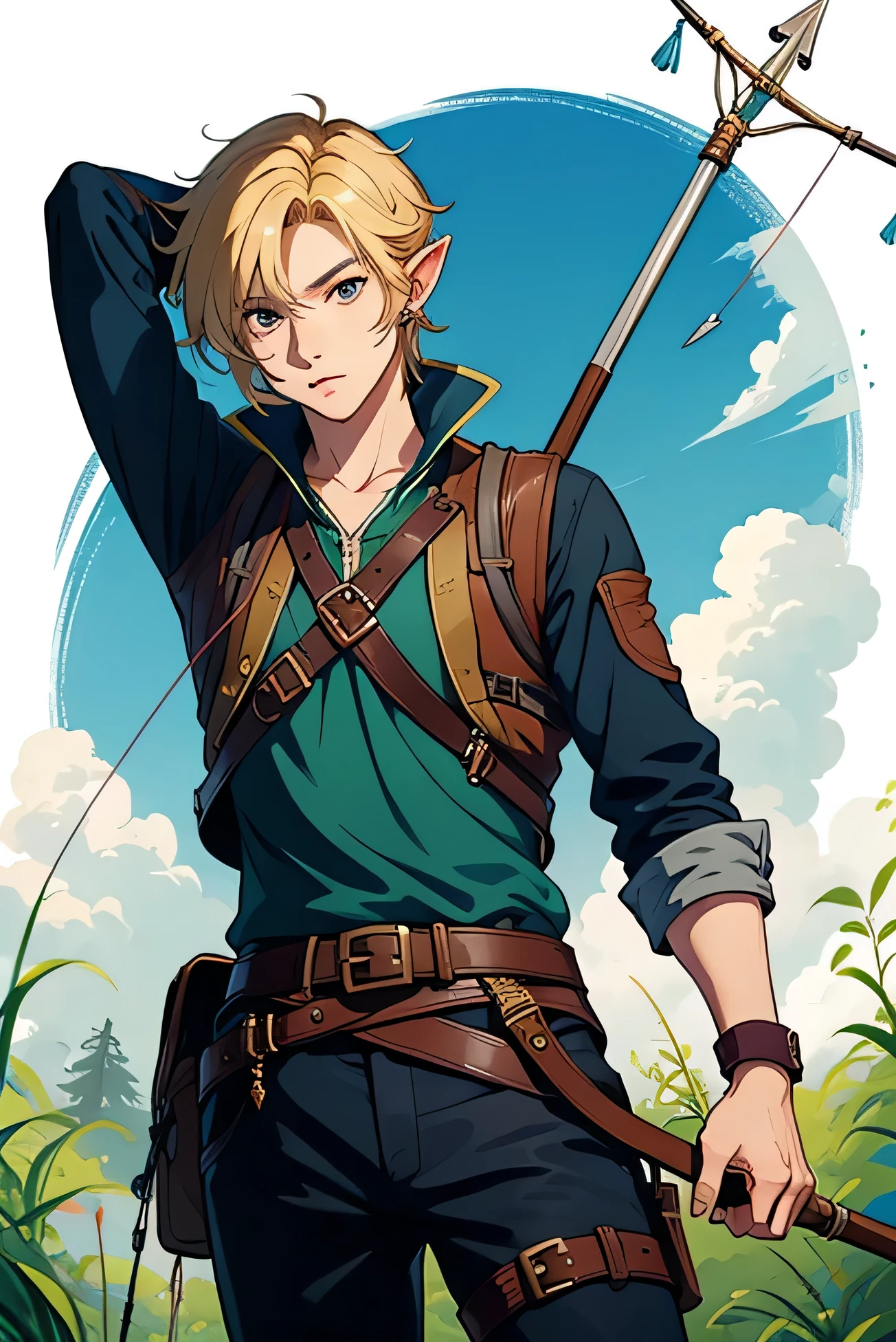 Handsome young man, shota, blonde hair, cool and brave, holding a bow, looking ready to fire an arrow, Robin Hood, based on the motif of Link from The Legend of Zelda, with an anime touch, against a blue sky