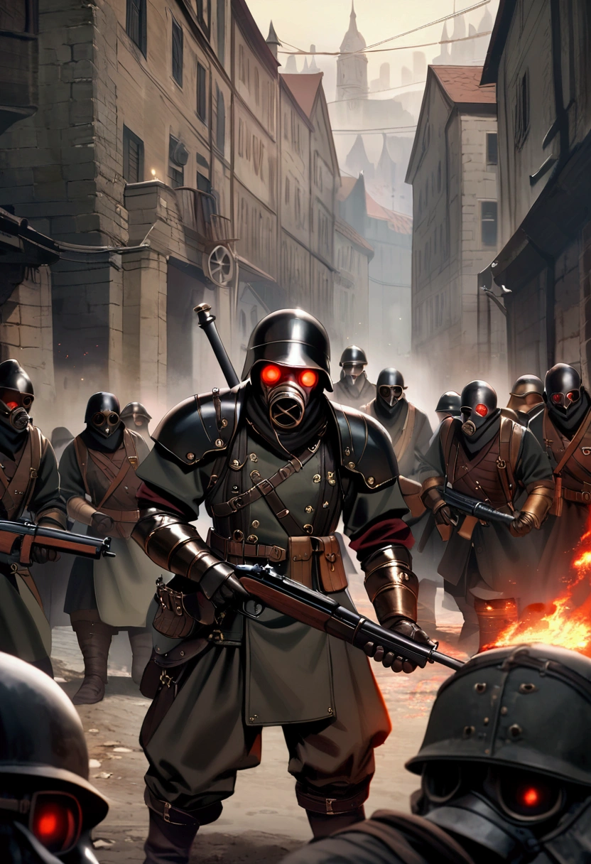 Dark steampunk soldier, dark fantasy, holding a rifle, gasmask with red glowing eyes, armor,helmet, intimidating, executing villagers, german ww2 style