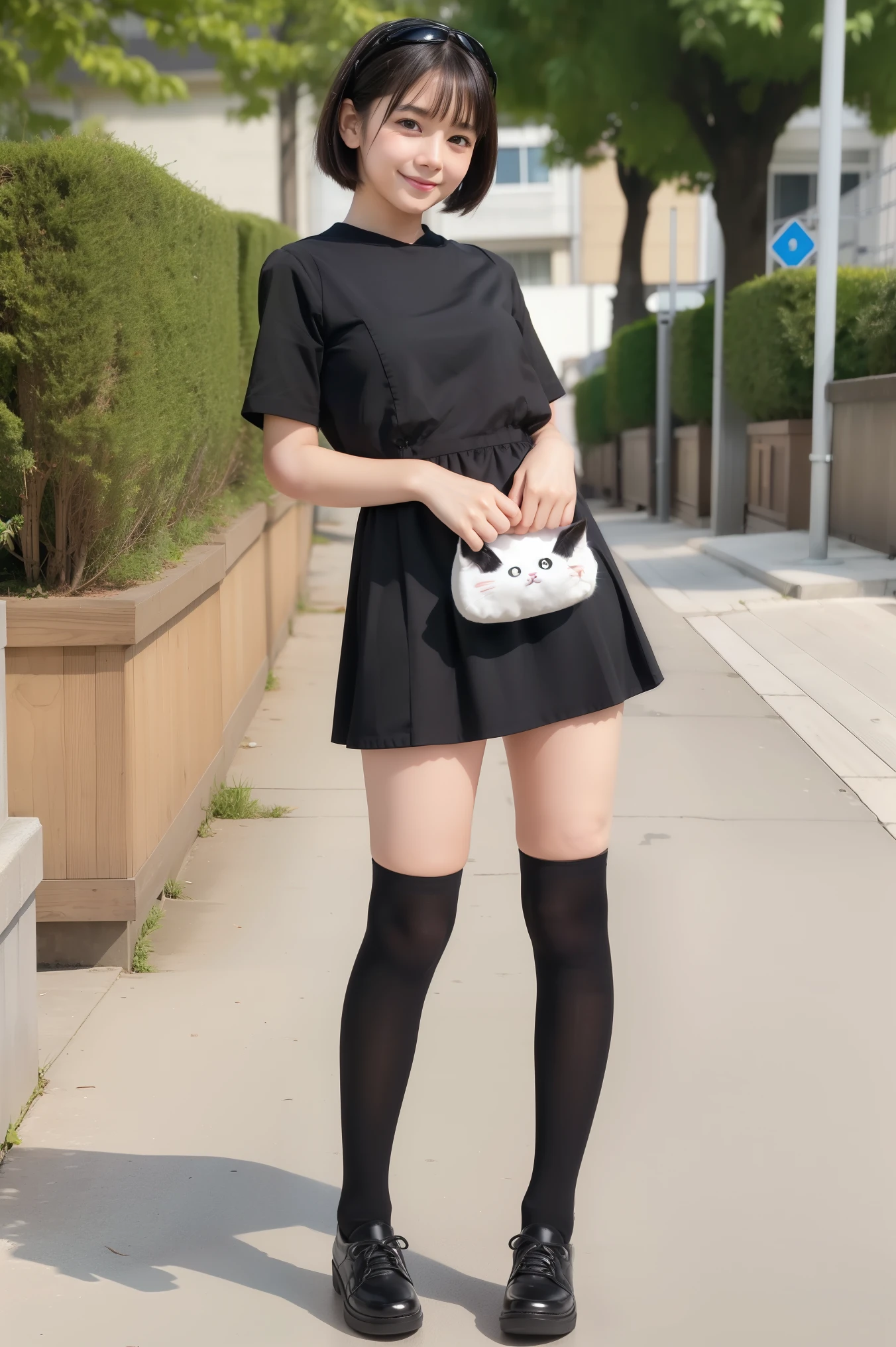 smile、short bob、Black Nylon Socks、(full body portrait:1.5)、Cat Paw Pose Next to Face、she looks 、she'A very childish 20-year-old、no makeup、long face、Long-slit idol posing on stage in school auditorium、masterpiece、highest quality、High resolution、highly detailed pictures、professional lighting、sexy maid、dress、 dressを着て、gorgeous maid、姿のメイド クロエ・dressサイド、girl in maid uniform、gray hair、黒のフリルdress、healthy complexion、白いニーハイソックス