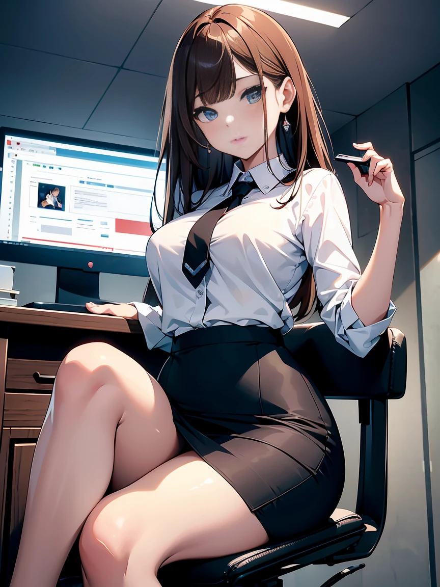 masterpiece、High resolution 8k、Browsing Caution、Sharp focus、Contrast lighting、Fine skin、Flying debris、 Highest quality、Ultra-high resolution、Ultra-high resolution、Detailed CG、stock exchange、Large office room、Lots of big monitors、Desk computer、transaction、document、stock、Chart Screen、Office Lady、Woman sitting on chair、(Legs wide open:1.2),Show me your panties,Beautiful Eyes、(Detailed Faces and Faces:1 .2)、Narrow eyes、Almond Eye、Iris、Eye Gradation Eye Highlight:1.2)、(Light reddish brown hair、middle、Asymmetrical bangs)、(ID card、Shortage of office wear blazers、White dress shirt、Black Pencil Skirt、pumps)、(Fuller lips、gross、Glossy Lips、 size) 、(Oval Face : 1.4)、(Thin fingered arms、Detailed human hand)、