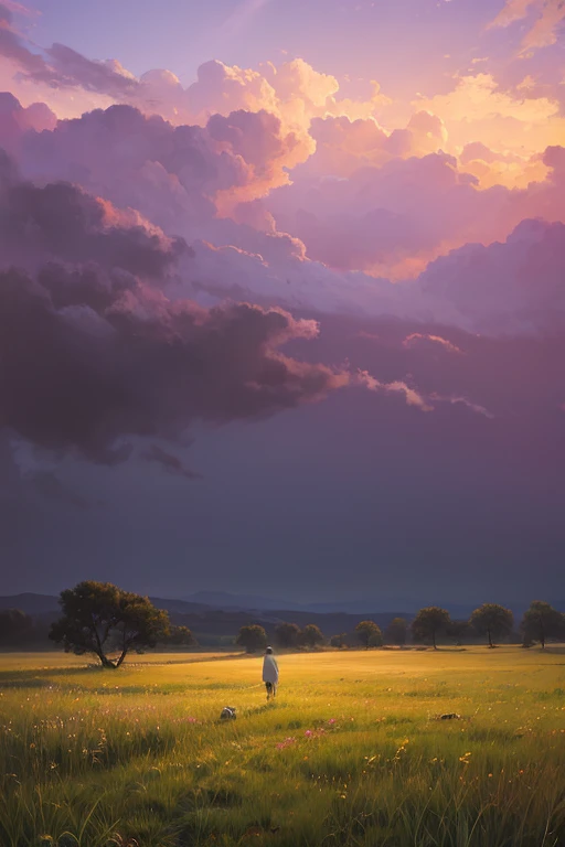 Highest quality、Landscape painting、Standing alone in the vast grassland、At dusk、Light purple sky、Surrealism