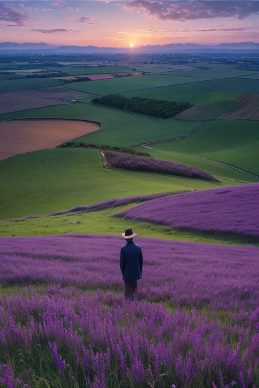 Highest quality、Landscape painting、Standing alone in the vast grassland、At dusk、Light purple sky、Surrealism