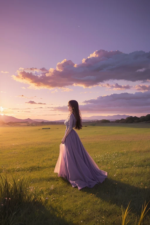 Highest quality、Landscape painting、Standing alone in the vast grassland、At dusk、Light purple sky、Surrealism