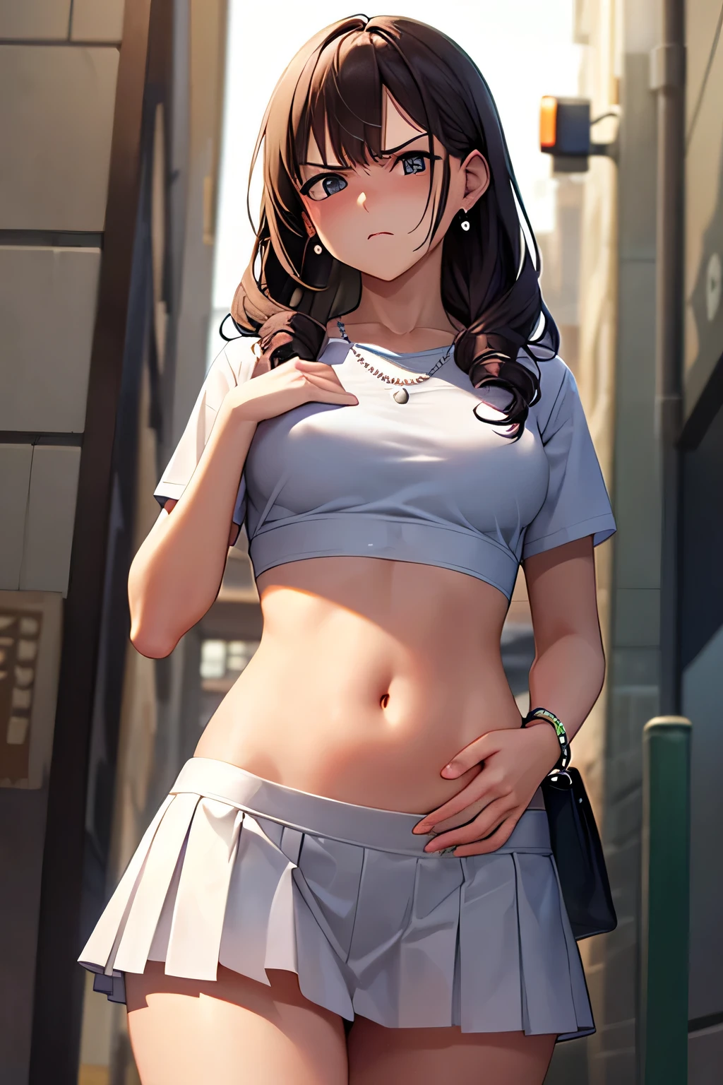 super fine illustration, vibrant colors, masterpiece, sharp focus, best quality, depth of field, cinematic lighting, ultra detailed, crop top, white shirt, short sleeves, white pleated skirt, navel, belly button, tummy, wide hips, 1 girl, solo, milf, very messy hair, slender, blush, annoyed, mature female, tall woman, looking down, small breasts, stomach, purse, street, city
