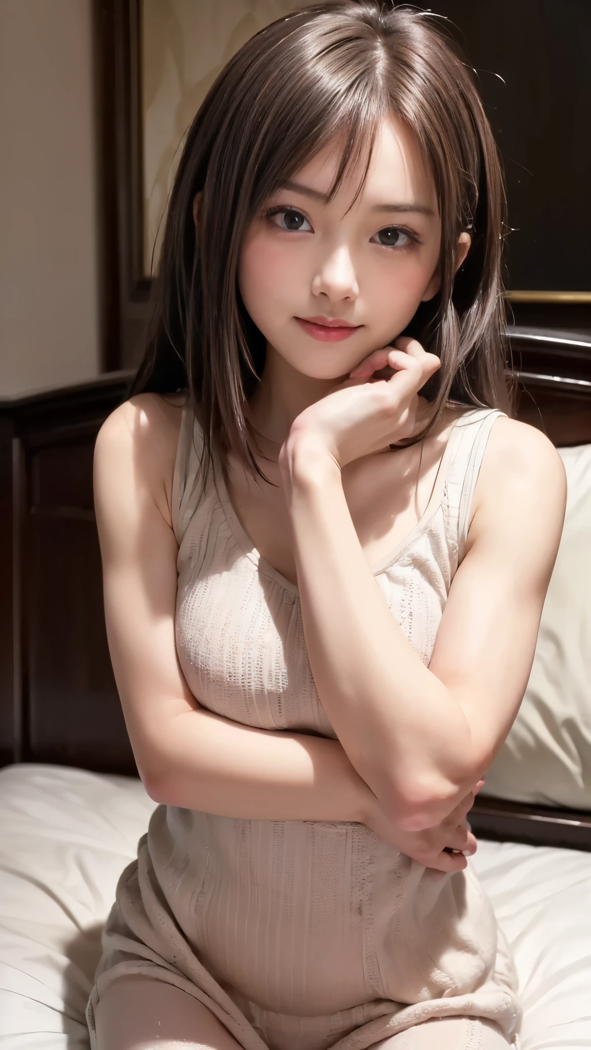 (((Beautiful girl alone:1.3、A single photo、Staring at the opposite sex in bed to seduce、Portrait of a man lying face down with his arms crossed:1.3)))、blush、((I see cute clothes:1.3))、Detailed eyes and face、Professional photography techniques、The right move